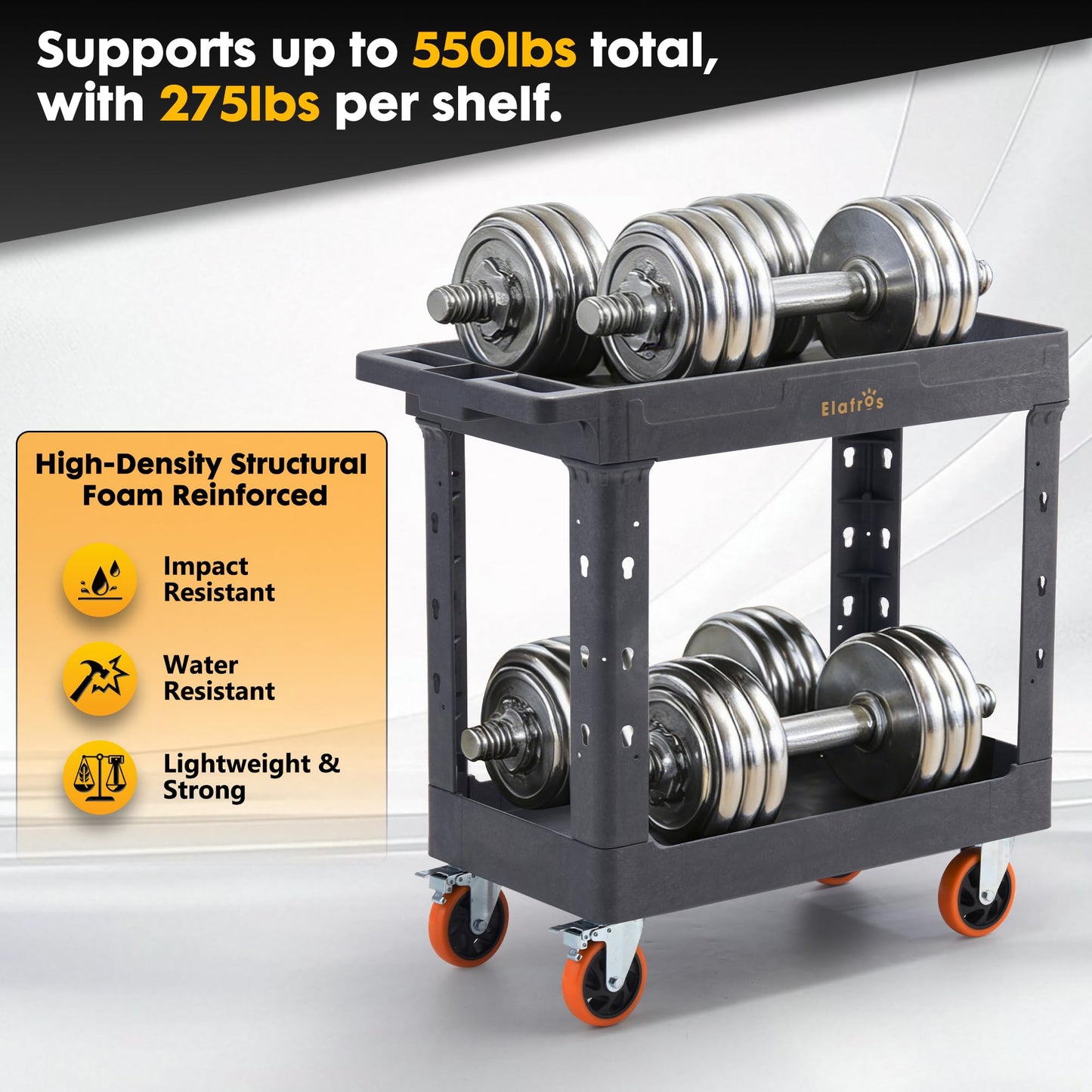 ELAFROS Heavy Duty Rolling Cart 34 x 17 Inch – 2 Tier Plastic Utility Cart, Service Cart with Deep Tub Shelves, Swivel Casters, 550 lbs, Gray