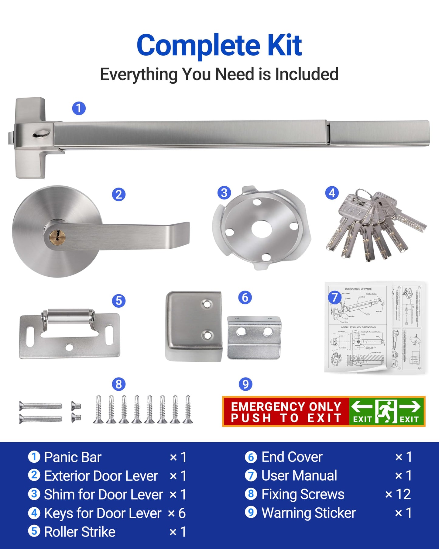 31" Commercial Push Bar Panic Exit Device -All 304 Stainless Steel Panic Bars for Exit Doors with Exterior Lever (6 Keys)- Emergency Exit Panic Door Hardware for 31"-48" Wooden/Metal Doors-HM-750A
