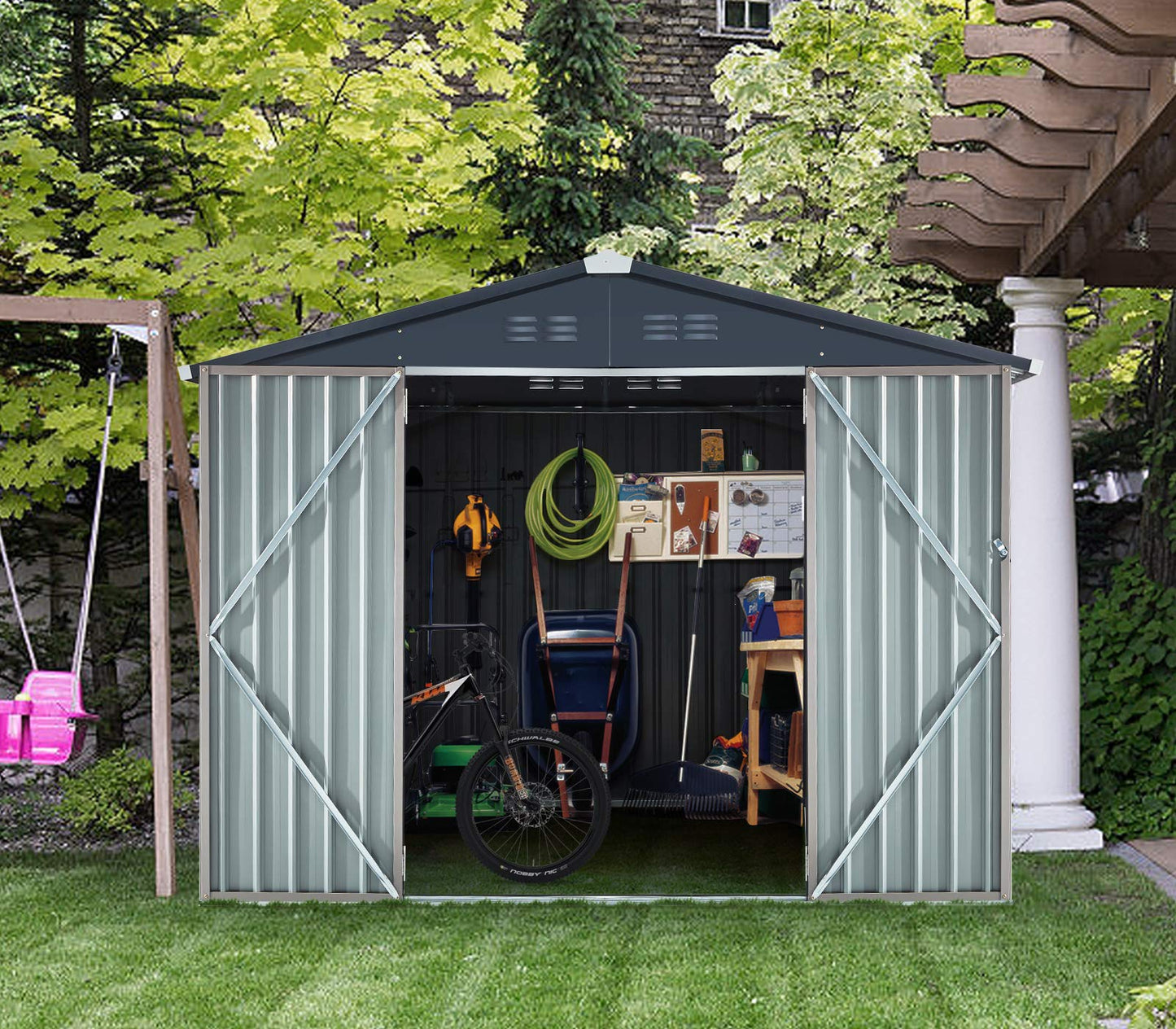 AECOJOY 6x8 FT Galvanized Steel Outdoor Storage Shed, Small Metal Garden Tool Shed with Sloped Roof & Lockable Double Hingled Doors,Gray