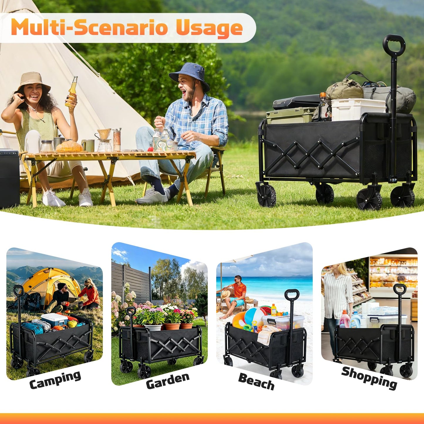 Collapsible Foldable Wagon Cart with Wheels - 220LBS Heavy Duty Folding Wagon Carts, Portable Lightweight Utility Wagon with All-Terrain Wheels & 2 Cup Holders, Grocery/Beach/Sports/Shopping/Black