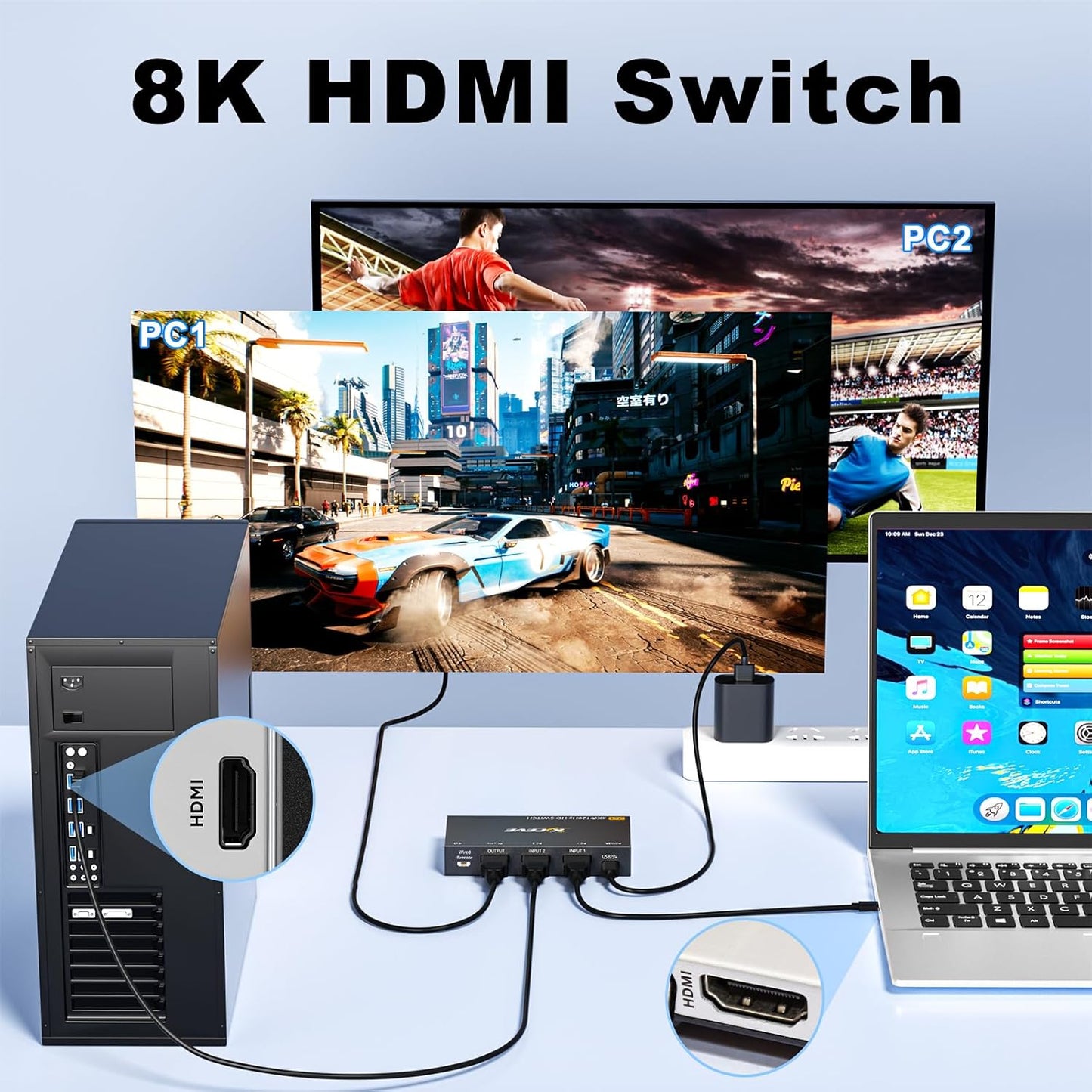 Reyoten 2 1 4K@120Hz 2 1 3D, PS5 PS4, HDMI Switch in Out, HDMI Switch, HDMI Switcher, in Out, Supports HDR, Compatible