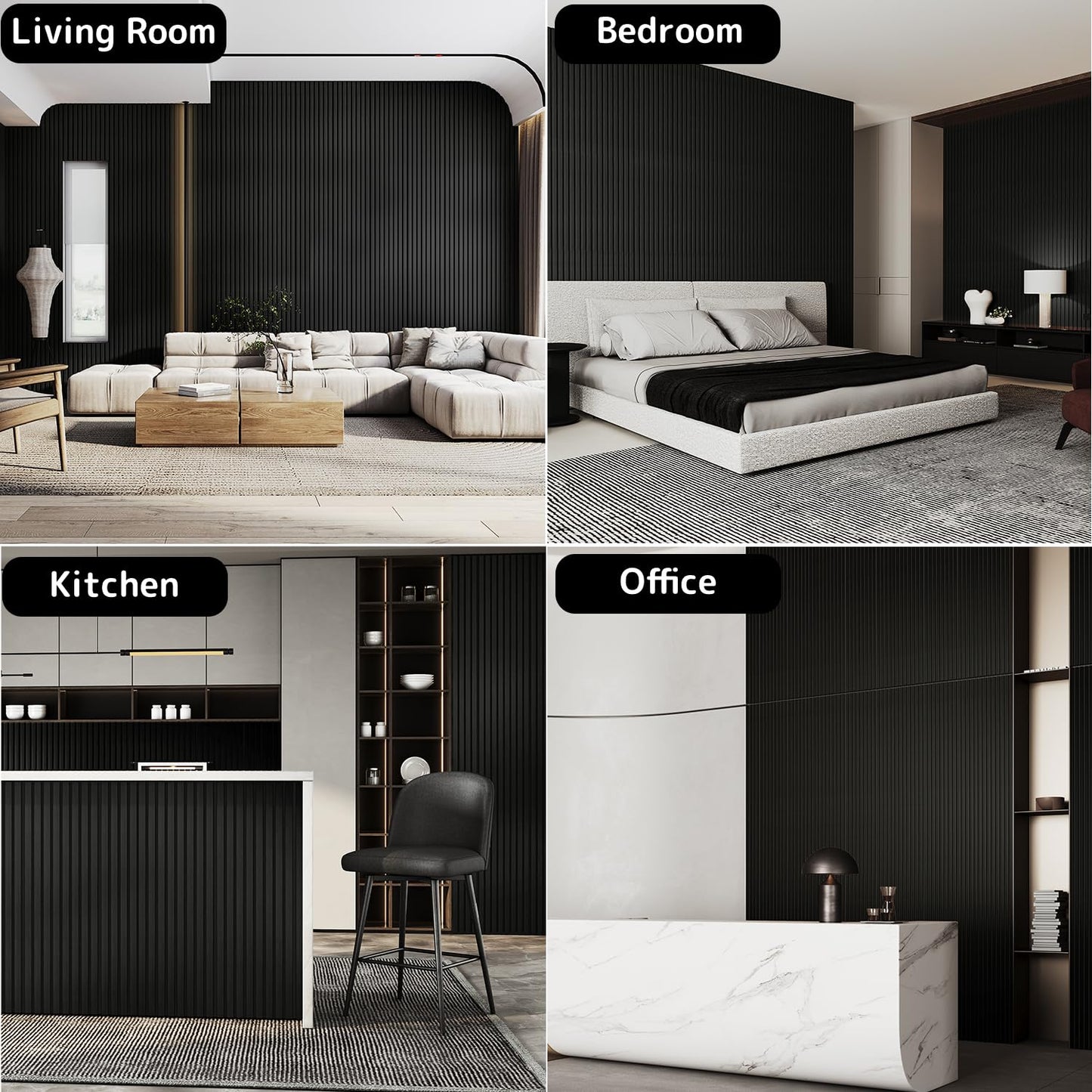 Sunny Heart Solid Wood Slat Panels for Wall 2-Piece 93.5" x 12.6" Acoustic Panels for Interior Wall Decor Noise Cancelling Soundproof 3D Fluted Sound Absorbing Panel Black