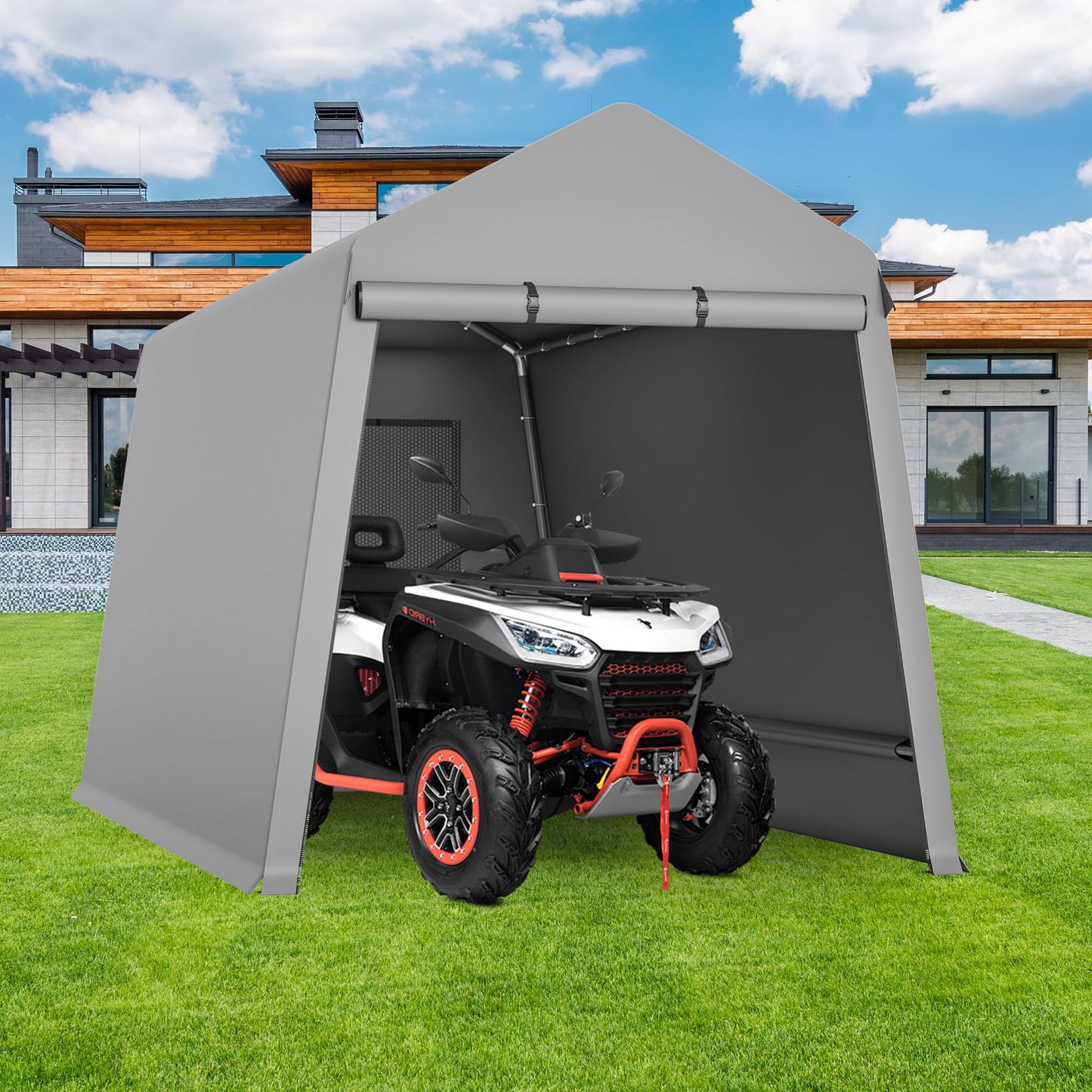 6x8 FT Heavy-Duty Portable Garage, Outdoor Storage Shelter Shed with Zipper Doors - Waterproof UV Resistant Carport Tent for Motorcycle, ATV, Lawn Equipment,Grey