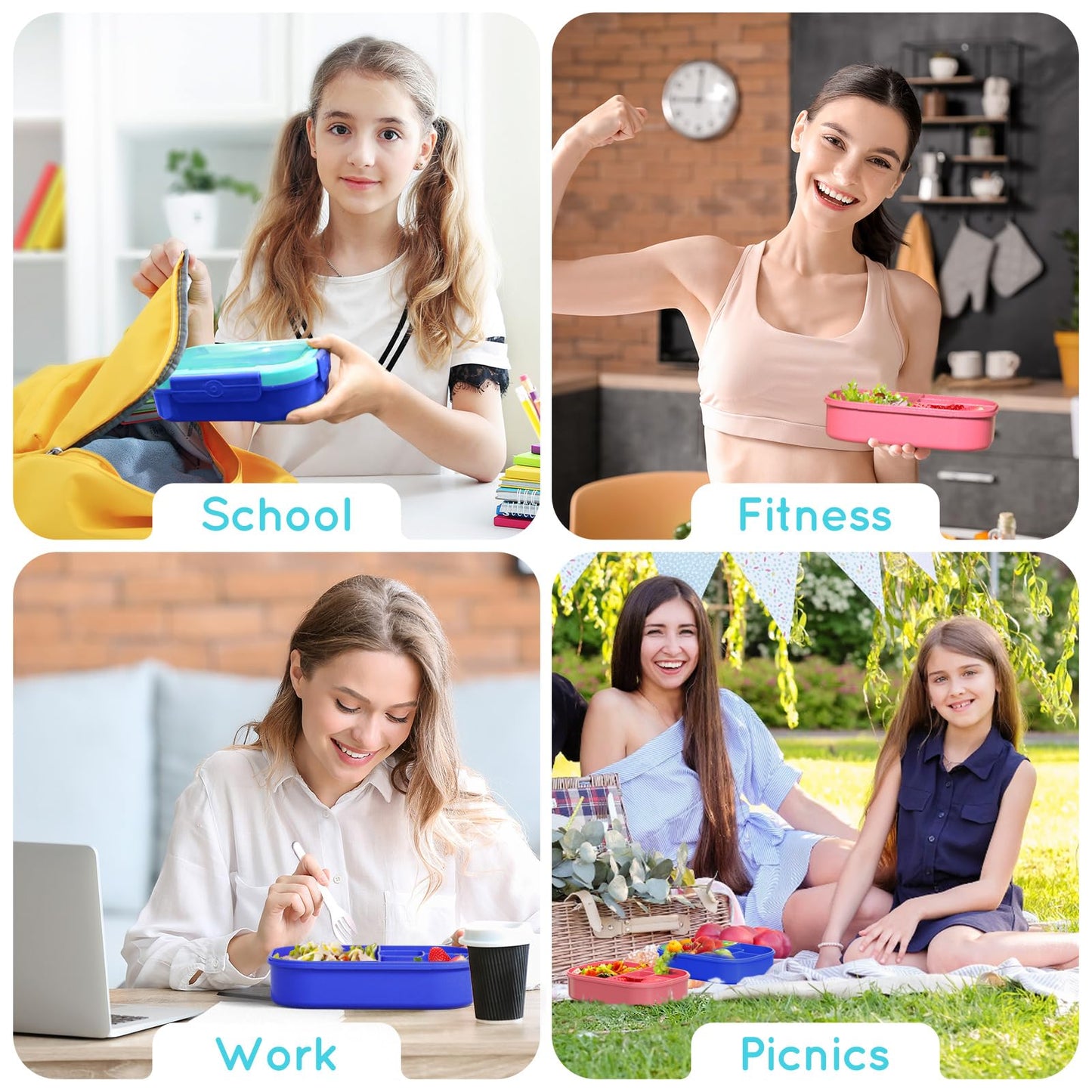TIME4DEALS Bento Box Kid Adult Lunch Box 2 Pack, Leakproof Bento Lunch Container 4 Compartment Bento-Style Lunchbox with Utensil Set, On-the-Go Meal and Snack Packing for School, Work, Picnic