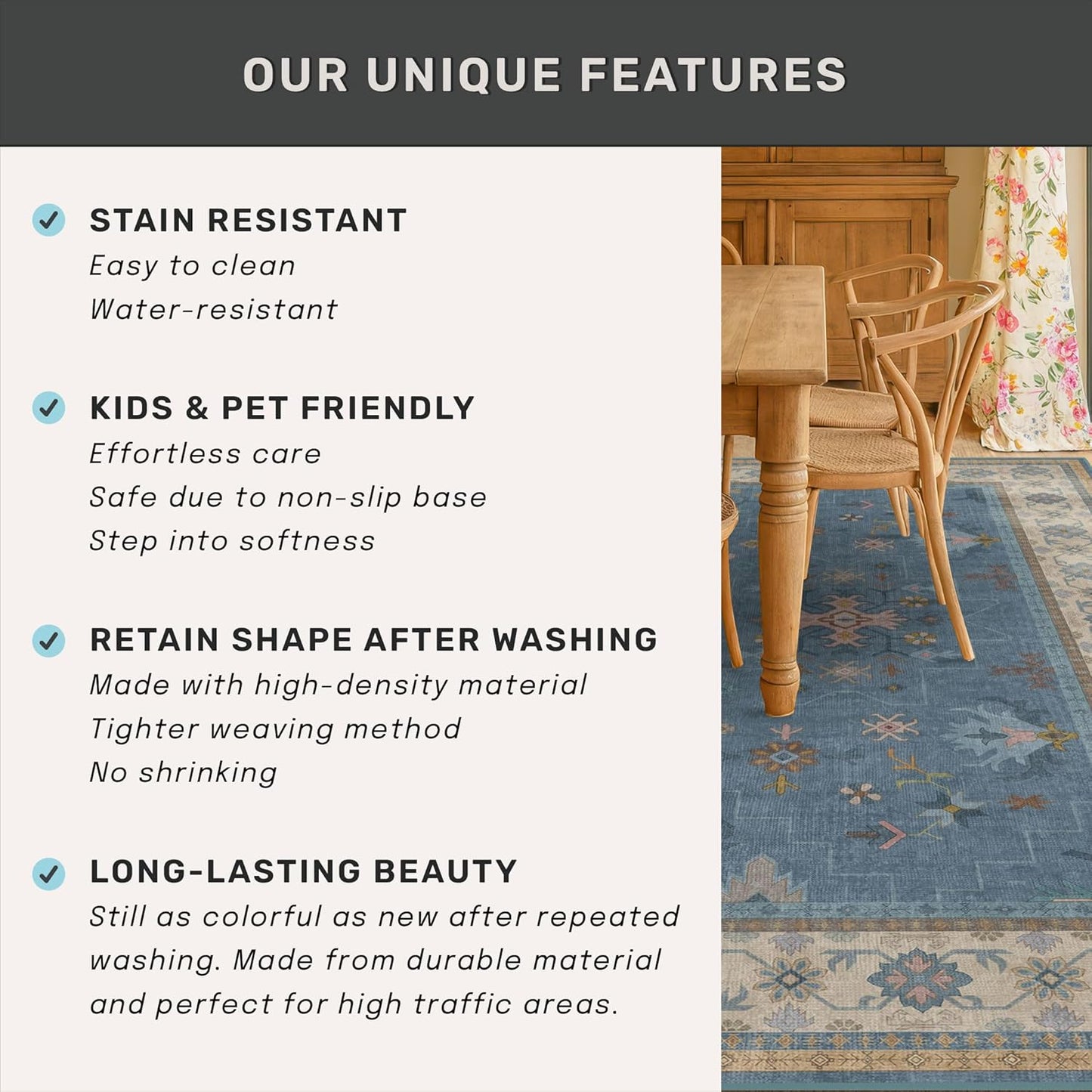 Skiennix Washable 5x7 Blue Kids Room Rug - Colorful Boho Low-Pile Carpet with Non-Slip Back