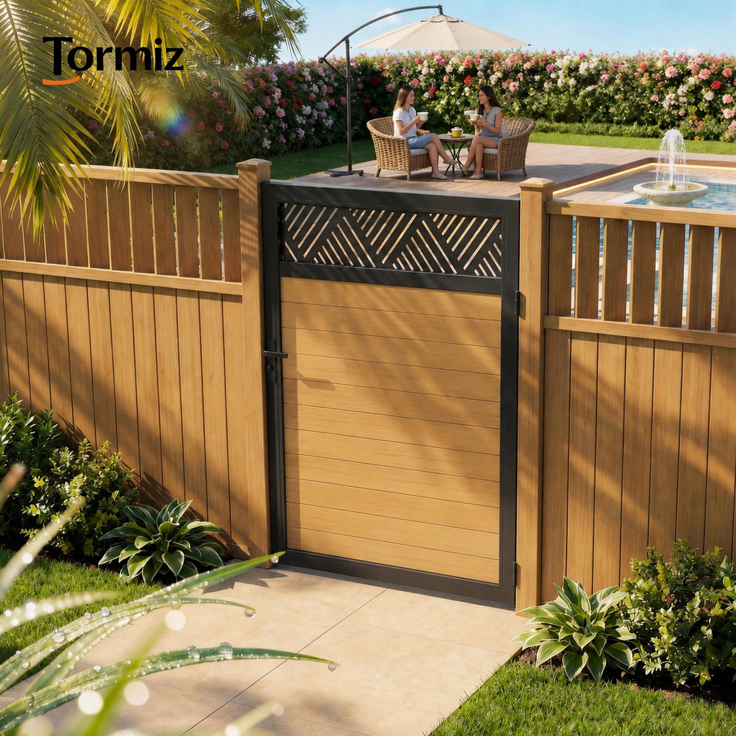 TORMIZ 4x6 FT (46.8"x70.8") All-Aluminum Fence Gate Kit with Wood-Grain Panels – Heavy Duty Anti-Sag Metal Gate Frame, Pre-Installed Left/Right Mount (All-in-One Kit, Panels Included)