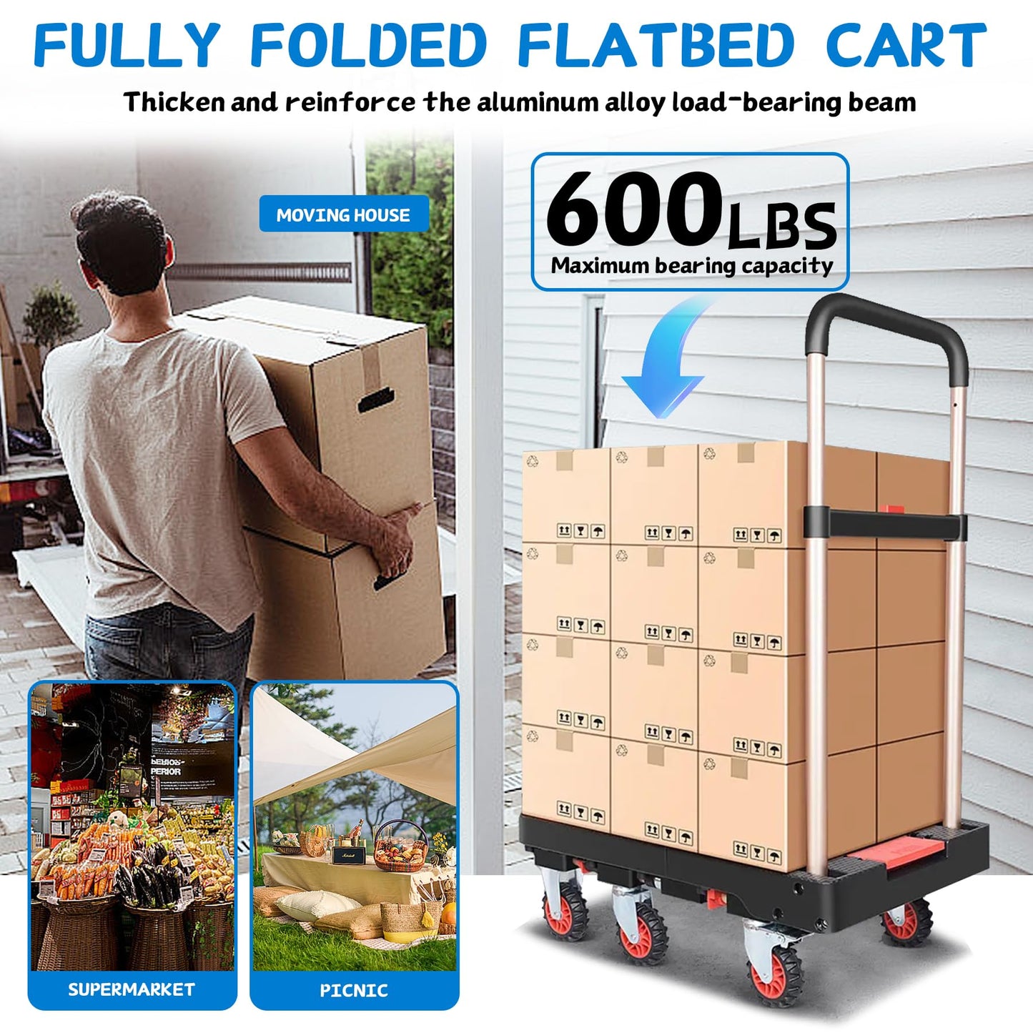 Heavy Duty 600lbs Capacity Platform Truck, Collapsible Dolly Cart w/Brake Wheel, Retractable Platform & Handle,Sponge Grip,Portable Dolly Cart for Luggage,Camping,Delivery & Storage