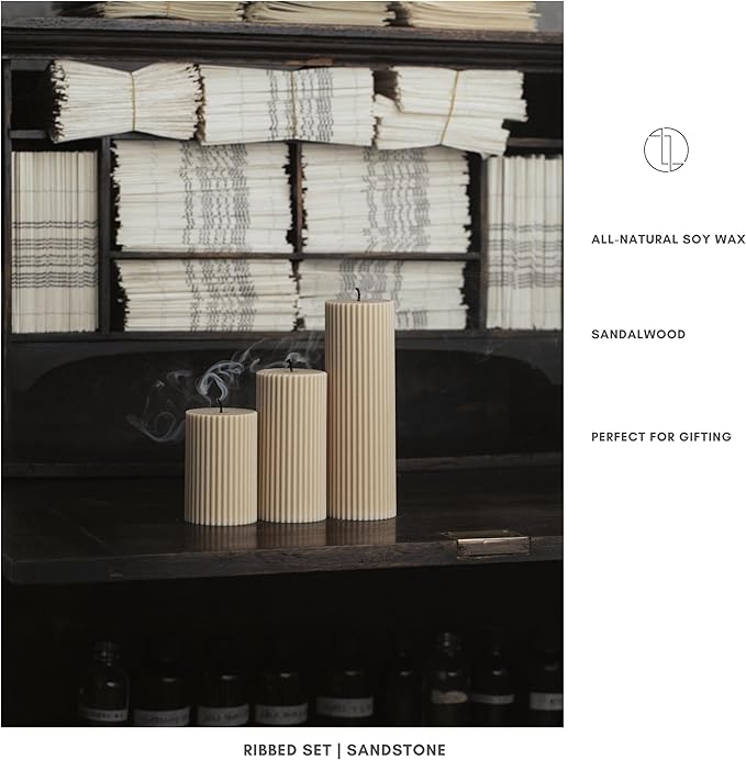 LAWA Roman Handmade Tall Ribbed Pillar Candle - Beautiful Scented Soy Wax Dinner Candle | Classic Aesthetic Decoration Set | Housewarming Gift | Home Room Shelf Decor Idea - Sandstone (Set of 3)