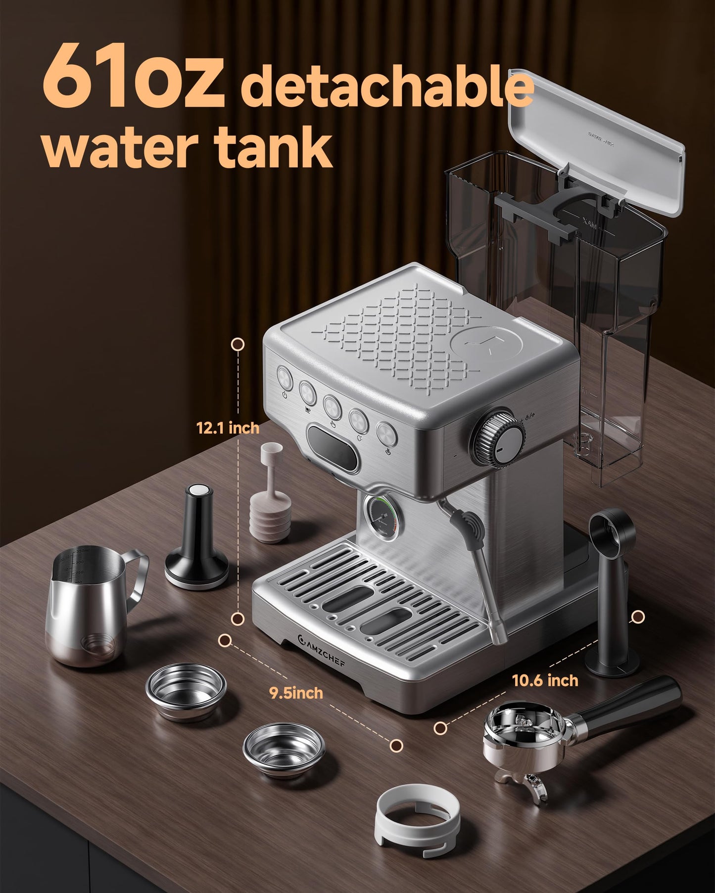 AMZCHEF Ultra Espresso Machine, 58mm Professional with PID Temperature Control for Light to Dark Roast Beans, Built-in Pressure Gauge & 10mm Steam Wand,Provides Barista-Level Lattes and Cappuccinos