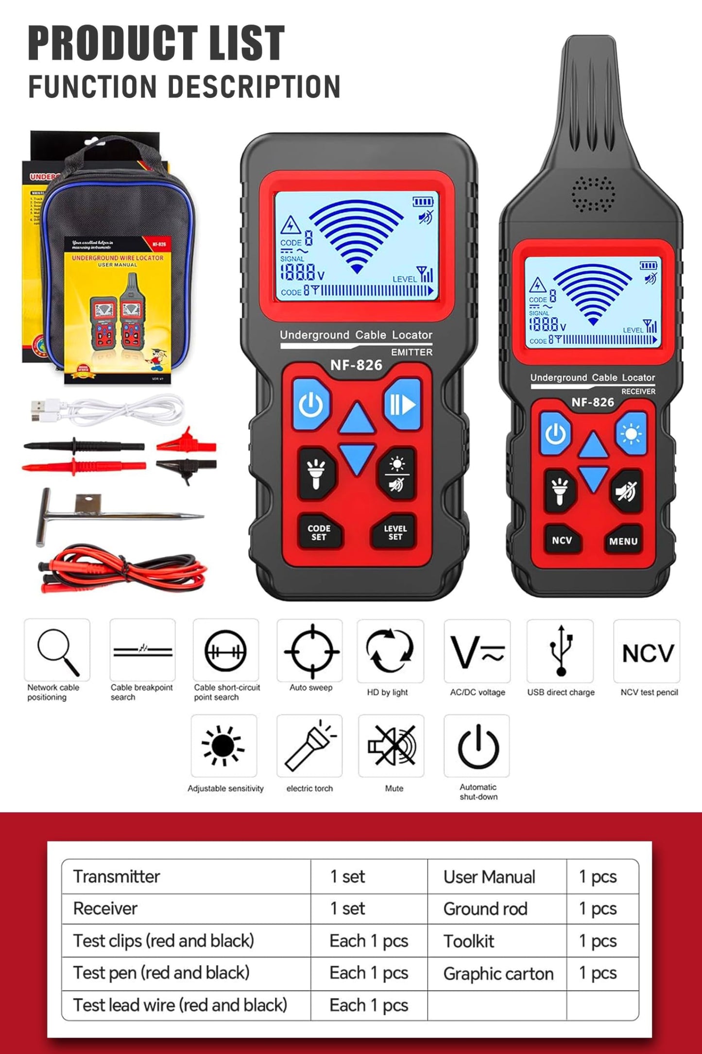 NF-826 Underground Wire Locator Circuit Tracker 12-400V AC/DC, locates Circuit Breakers, fuses, Wires, Short Circuits, Open Circuits, Ceiling/wall/Dog Fence Cables, Irrigation Control Lines