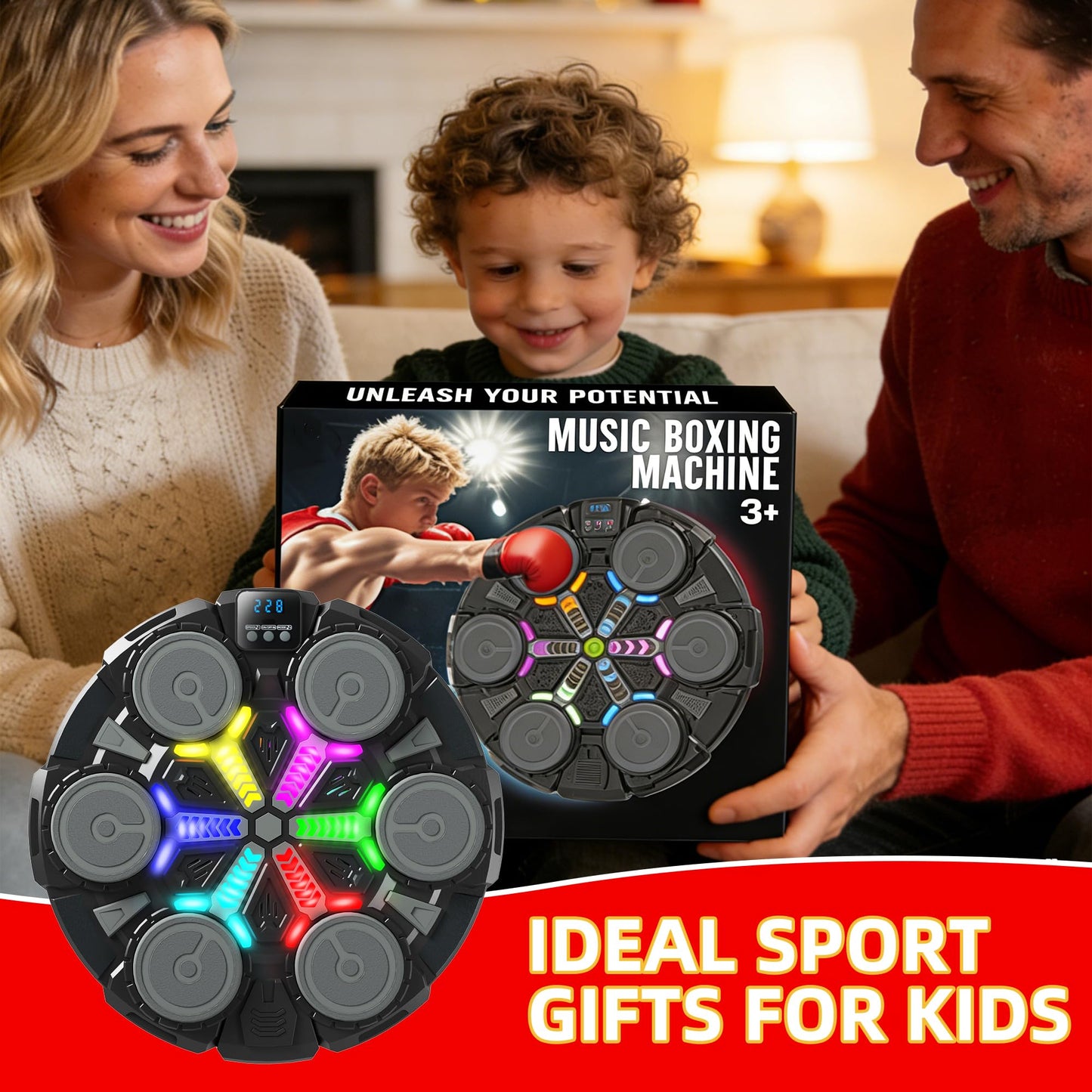 Music Boxing Machine for Kids, Wall Punching Pad with Gloves, 3 Speed Modes, Bluetooth, Smart, Beat Lights, Home Workout Training Boxing Equipment Sport Toys for Boys Girls Teen and Adults