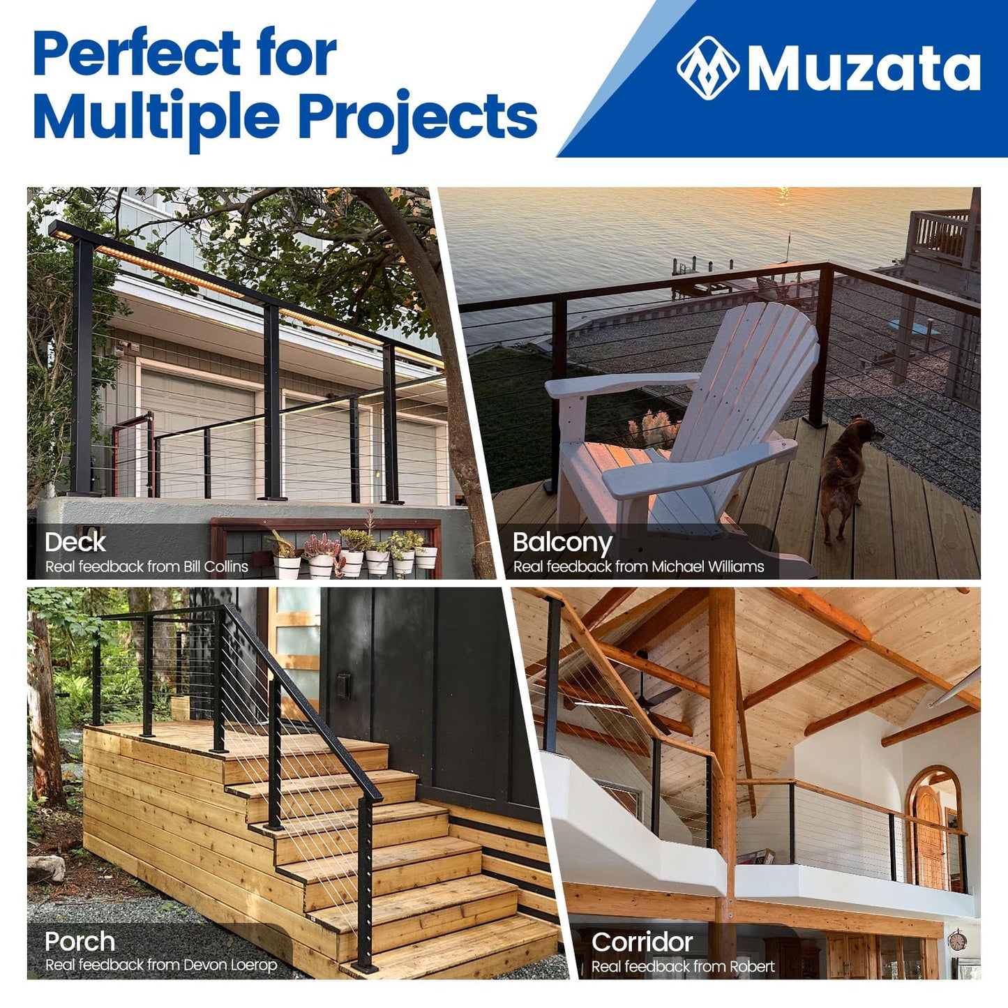 Muzata 16-20FT Modular Black Cable Railing Kit 36 Inch 5 Level Post Kit Complete Set Cable Railing System for Decks Length Adjustable Easy DIY with Paper User Guide (No Handrail) RW17