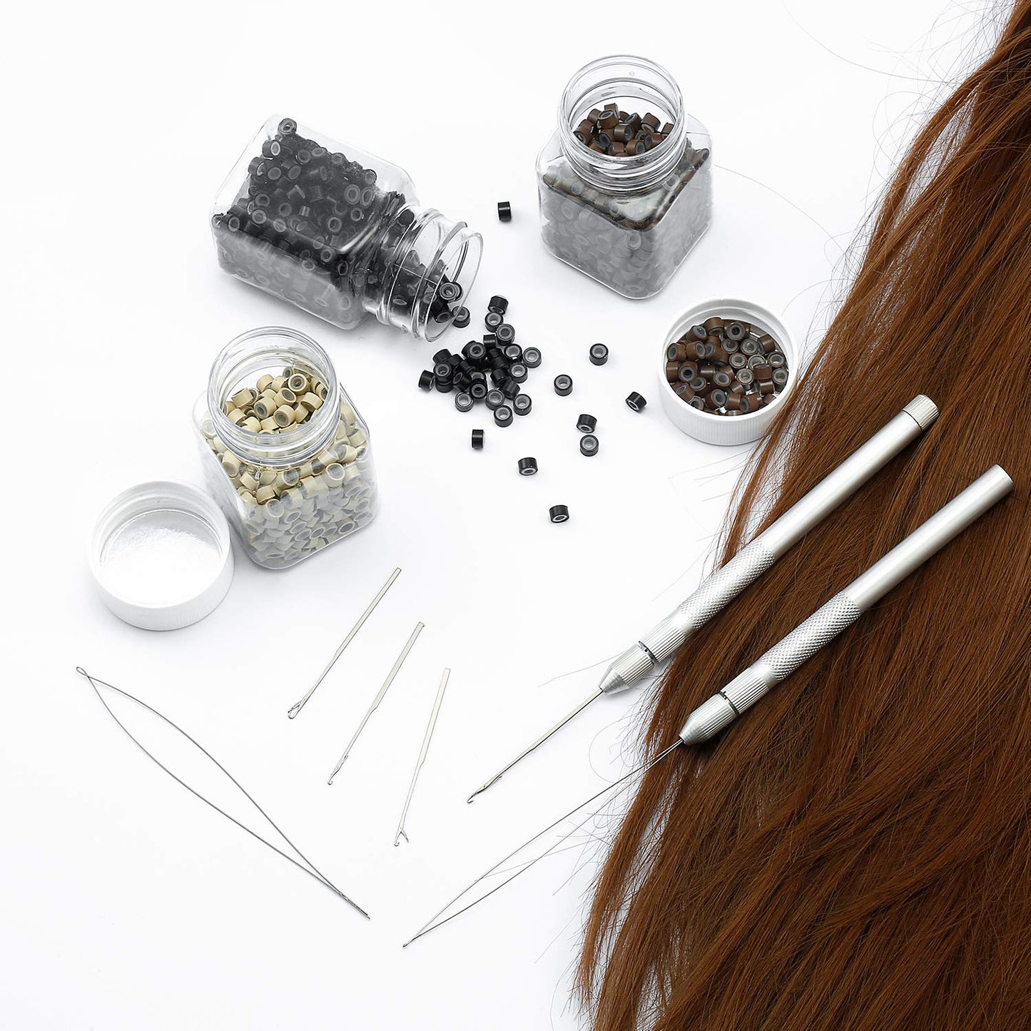2 Sets 4-in-1 Hair Extension Tools, Includes Loop Needle Threader, Knitting Needles and Holder for Beads Dreadlock Wig Hair Extensions Lace Wig Making, Loop Tools and Hooks