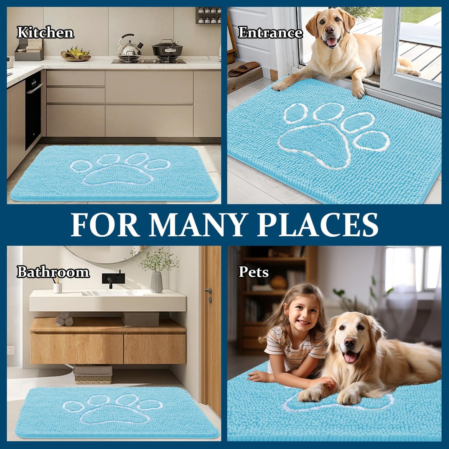 OLANLY Dog Door Mat - Absorbent Non-Slip Mud Mat for Paws | 24x16 Blue Chenille Design