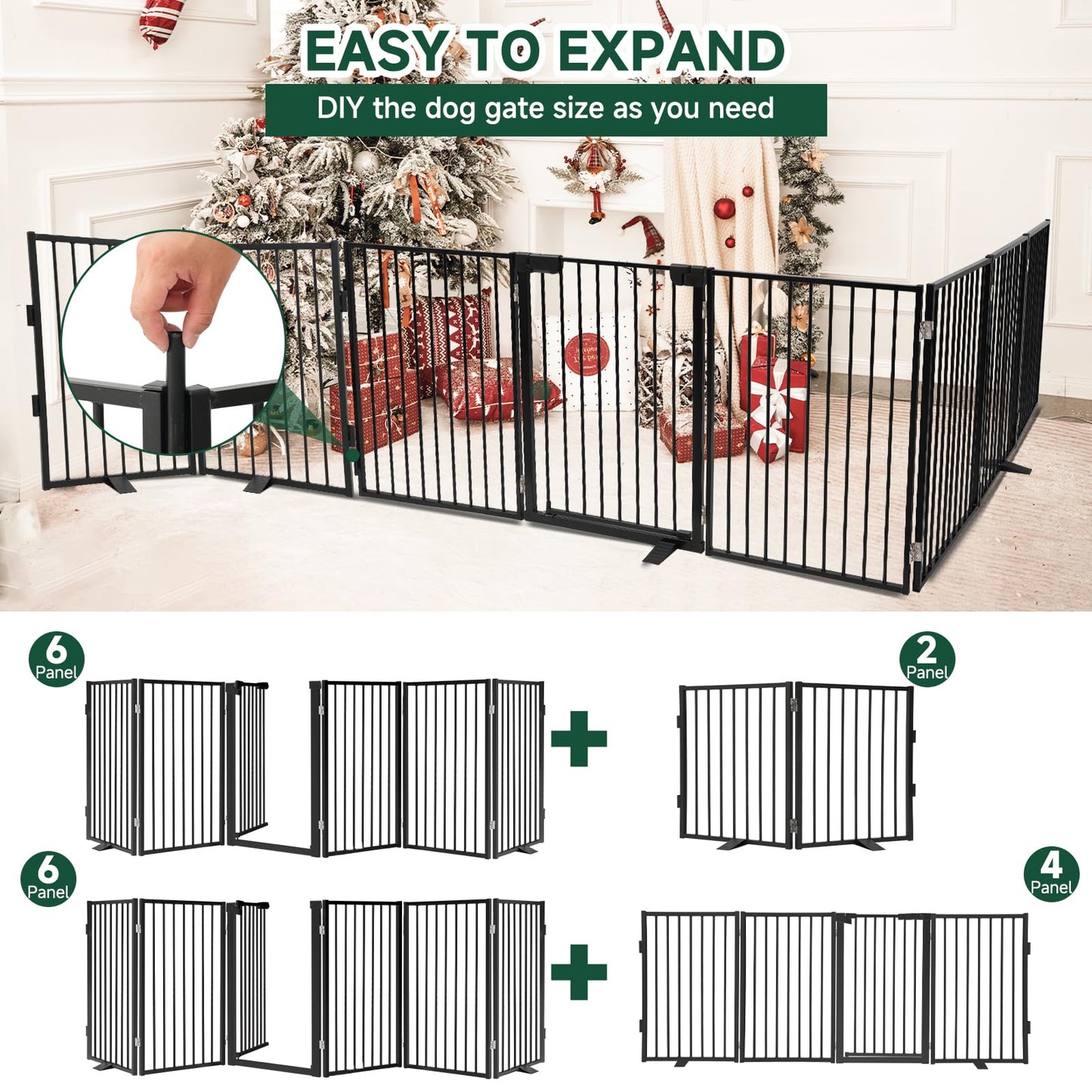 Snagle Paw Full Metal Freestanding Dog Gate with Door, 120” W x 32” H Pet Gate with Support Feet for Doorways, Stairs and Hallways, Portable Dog Fence for Indoor Use (32" 6 Panel, Black)