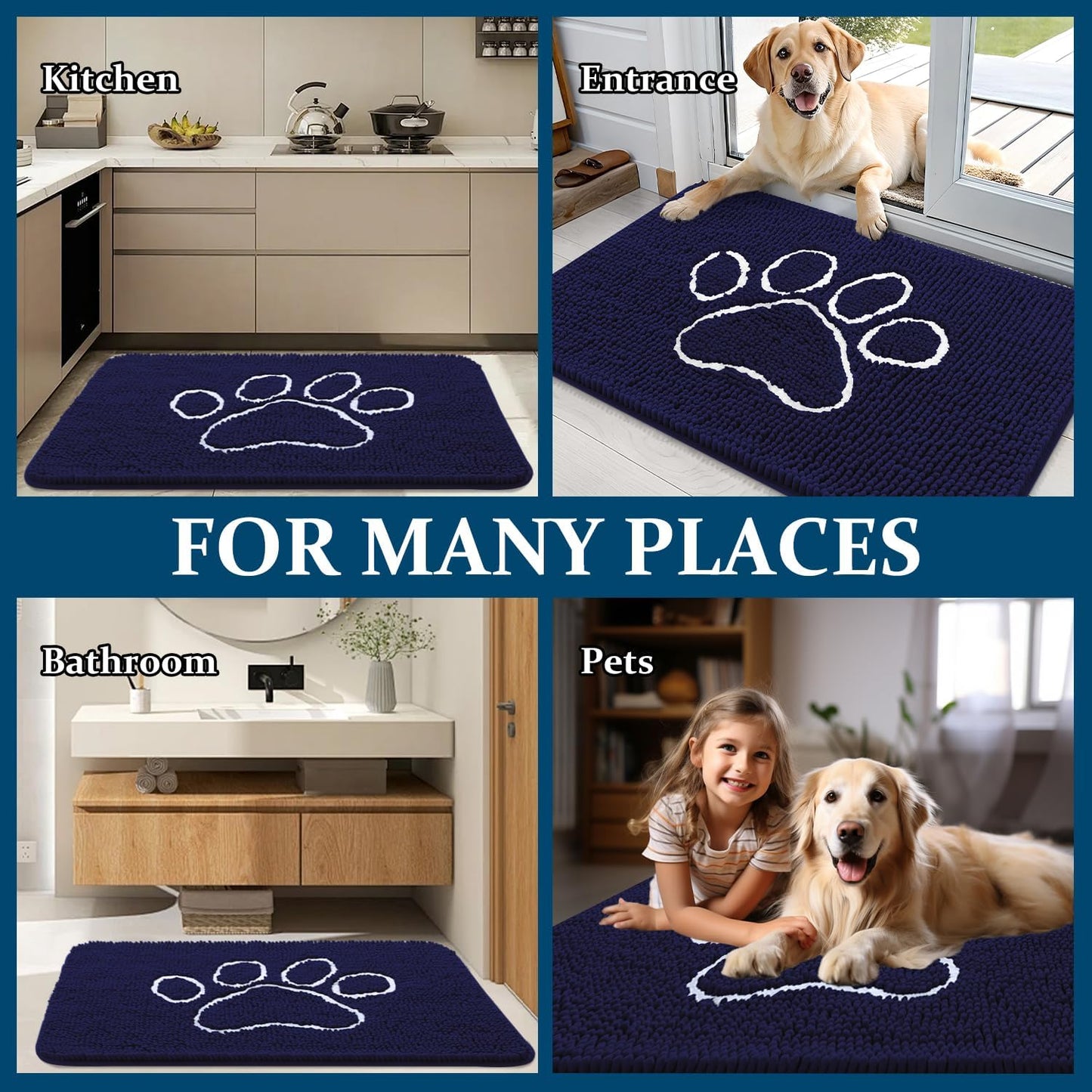 OLANLY Dog Door Mat - Absorbent Non-Slip Mud Mat for Muddy Paws | 40x32 Paw Print Design in Navy Blue