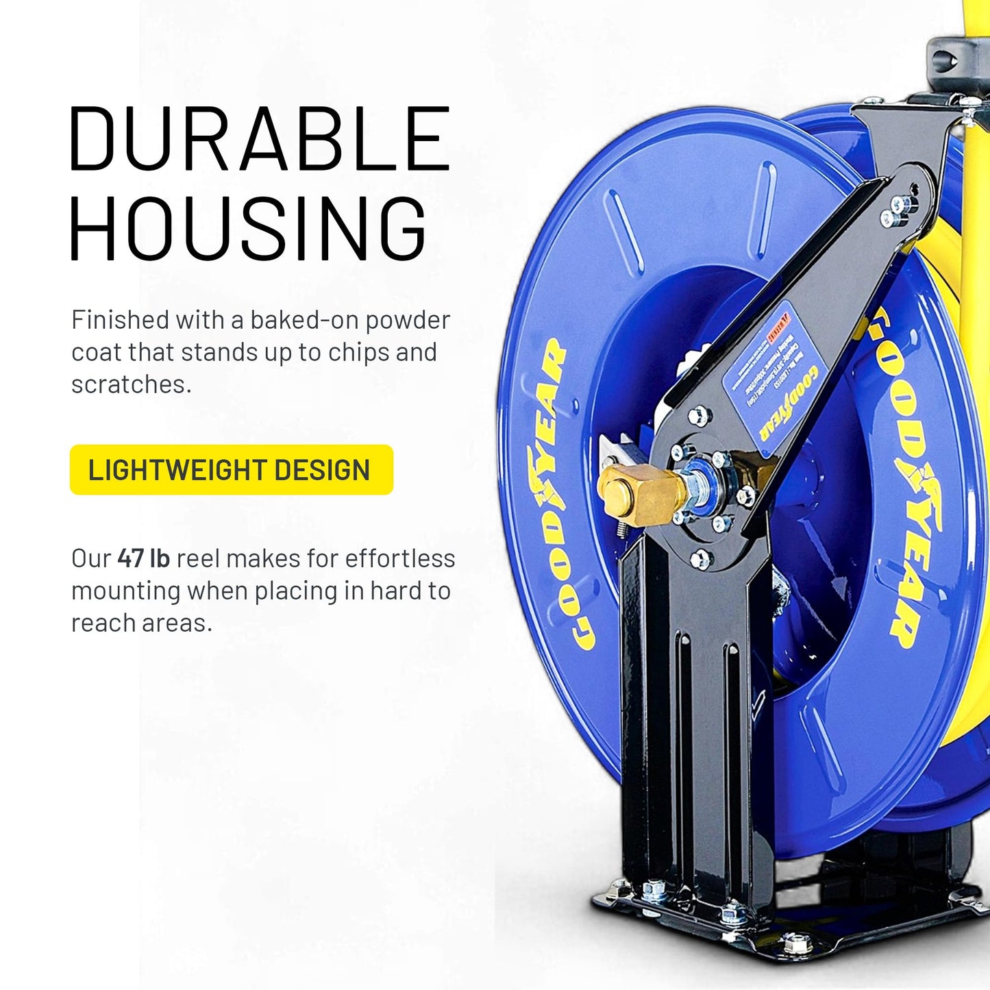 GOODYEAR Air Hose Reel Retractable 3/8" Inch x 50' Feet Long Premium Commercial SBR Hose Max 300 Psi Reinforced Steel Construction Heavy Duty Spring Driven Industrial Dual Arm & Pedestal