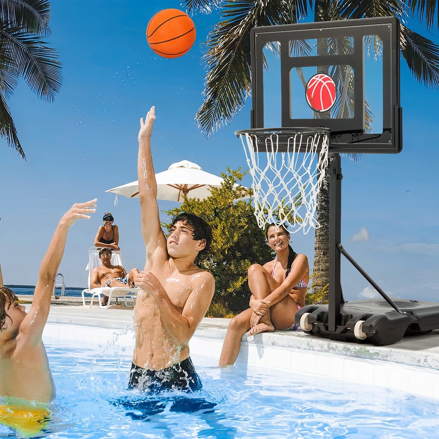 Danrelax 32“x23” Pool Basketball Hoop, 3.1FT-4.1FT Height Adjustable Poolside Basketball Hoop,Include Air Pump,Basketball, Made for Teens, Adults, Black
