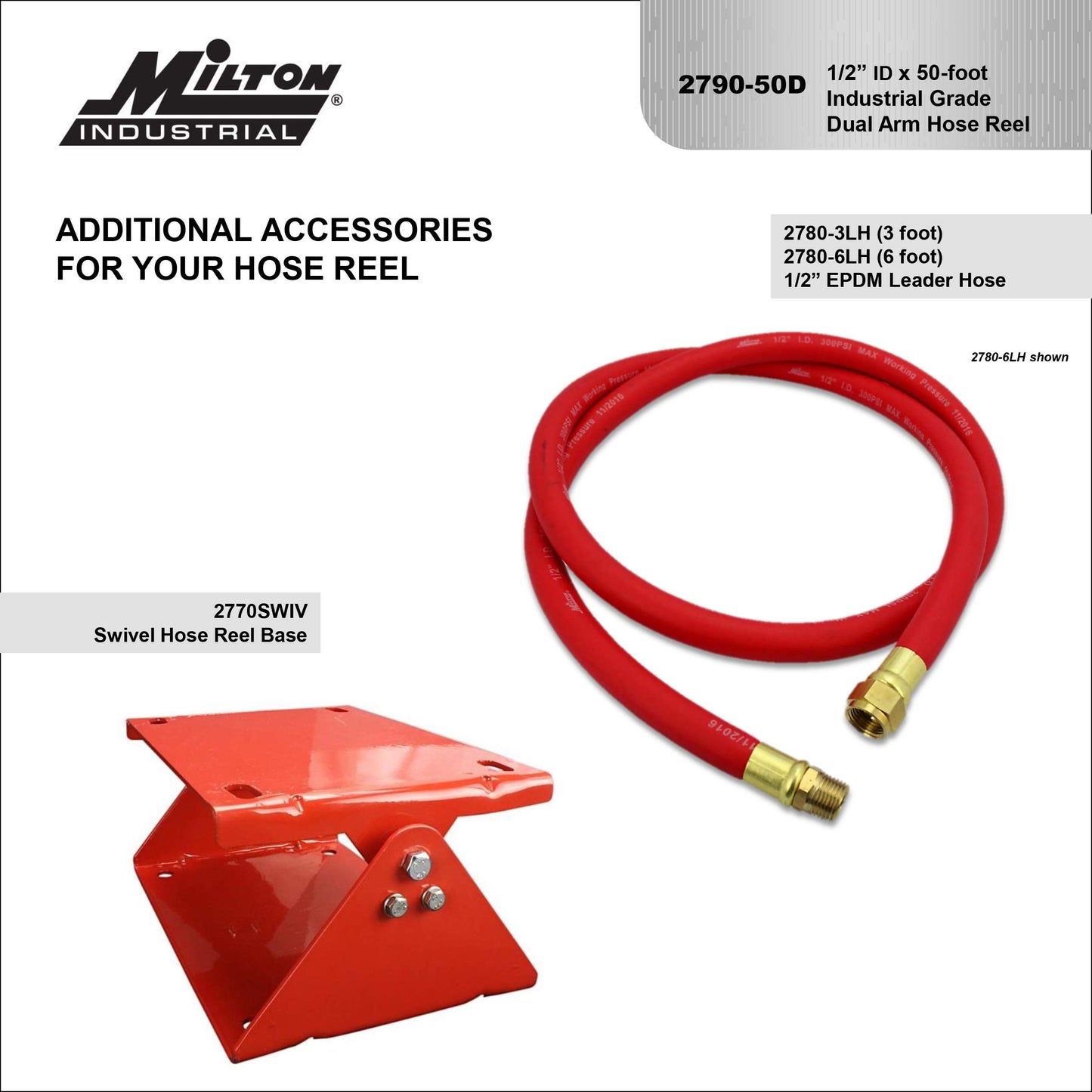 MILTON Industrial Hose Reel 2790-50D, Auto Retractable, Chemical Resistant, Prevent Cracking, Flexible in Extreme Conditions,1/2” Hose ID, 50 Foot Rubber Hose, 300 PSI Max Pressure,1/2" Male NPT, Red
