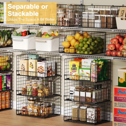 5 Pack Stackable Wire Baskets for Pantry Organizers and Storage, Large Pantry Baskets for Snack Organizer, Foldable Metal Storage Bins for Organizing Snack Can Fruit Vegetable & Toy