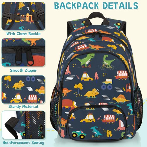 HUXINO Dinosaur Backpack for Kids 5-12, Boys Girls School, Bookbag with Dino & Vehicle Patterns, Lightweight Water Resistant Travel Backpack for Elementary Students