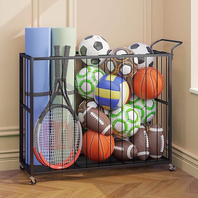 Ball Storage Bin Rolling Sports Ball Cart, Metal Garage Organizer Sport Rack, Ball Basket Storage, Ball Cage for Garage or Gym, Indoor & Outdoor Sports Equipment Organizer