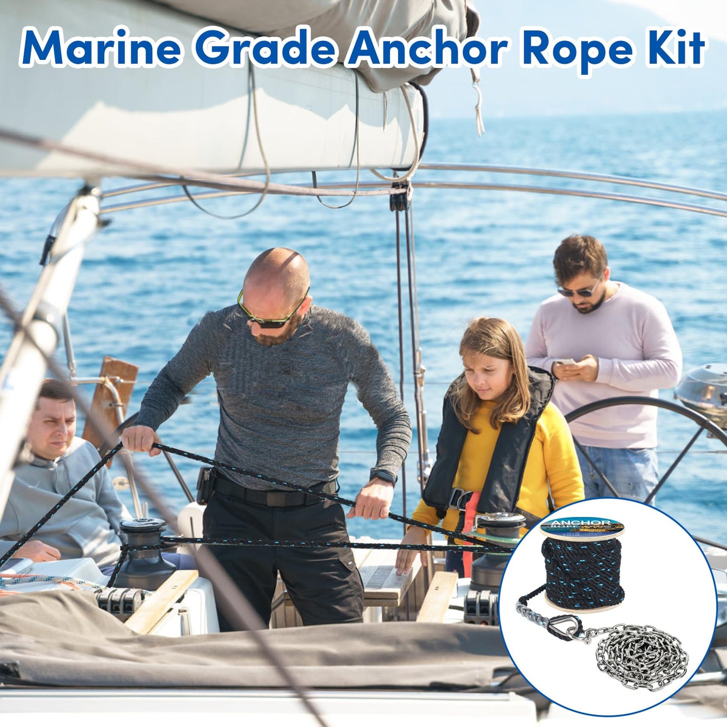 Anchor Rope 200 ft X 5/8 inch Combination Kit,with 5/16" x 10' 316 SS Anchor Chain, 3-Strand Twisted Nylon Anchor Line, Anchor Rope and Chain with Stainless Steel Thimble and Shackle (Black/Blue)