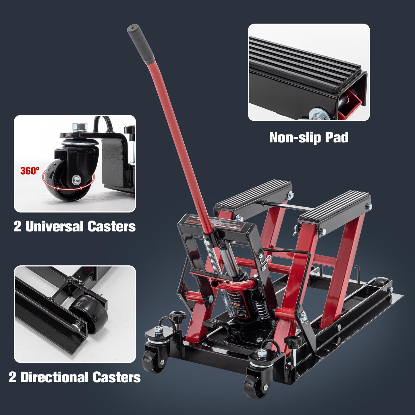 Hydraulic Motorcycle Lift Jack 1500 LBS Capacity, Foot-Operated Motorcycle Scissor Lift Table, 4.5"-15" Adjustable Height, Portable ATV Lift Jack with Wheels & Safety Lock, Red