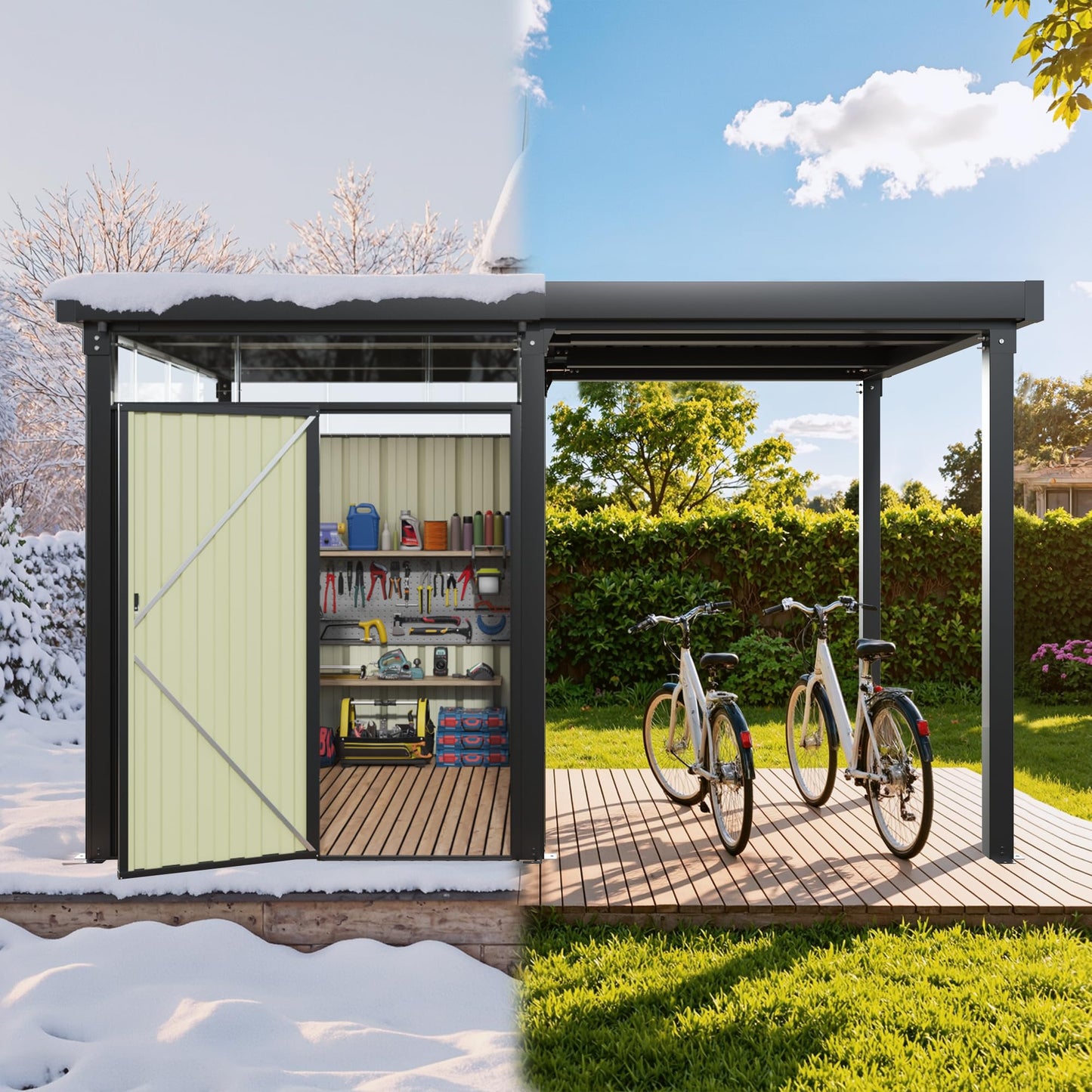 Greesum 2-in-1 Outdoor Storage Shed & Gazebo, 7x8FT Metal Lockable Shed and 7x8FT Open-Sided Pergola, Gutter Design and Transparent Window, for Patio, Garden, Backyard, Gray