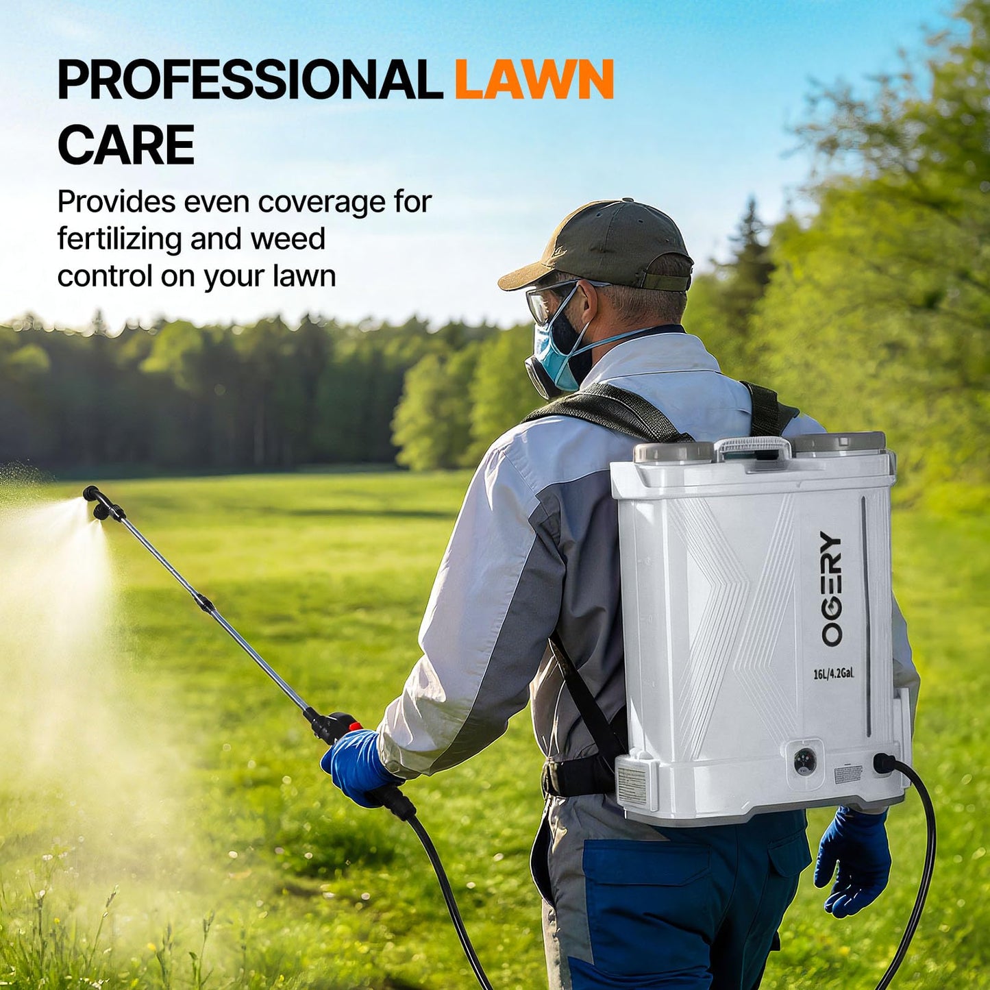OGERY Battery Powered Backpack Sprayer 4 Gallon, 2.6Ah 21V Battery Electric Pump Sprayer with 6 Nozzles, Telescopic Stainless Steel + Plastic Wand for Lawn Garden Weed Yard Cleaning (Charger Included)