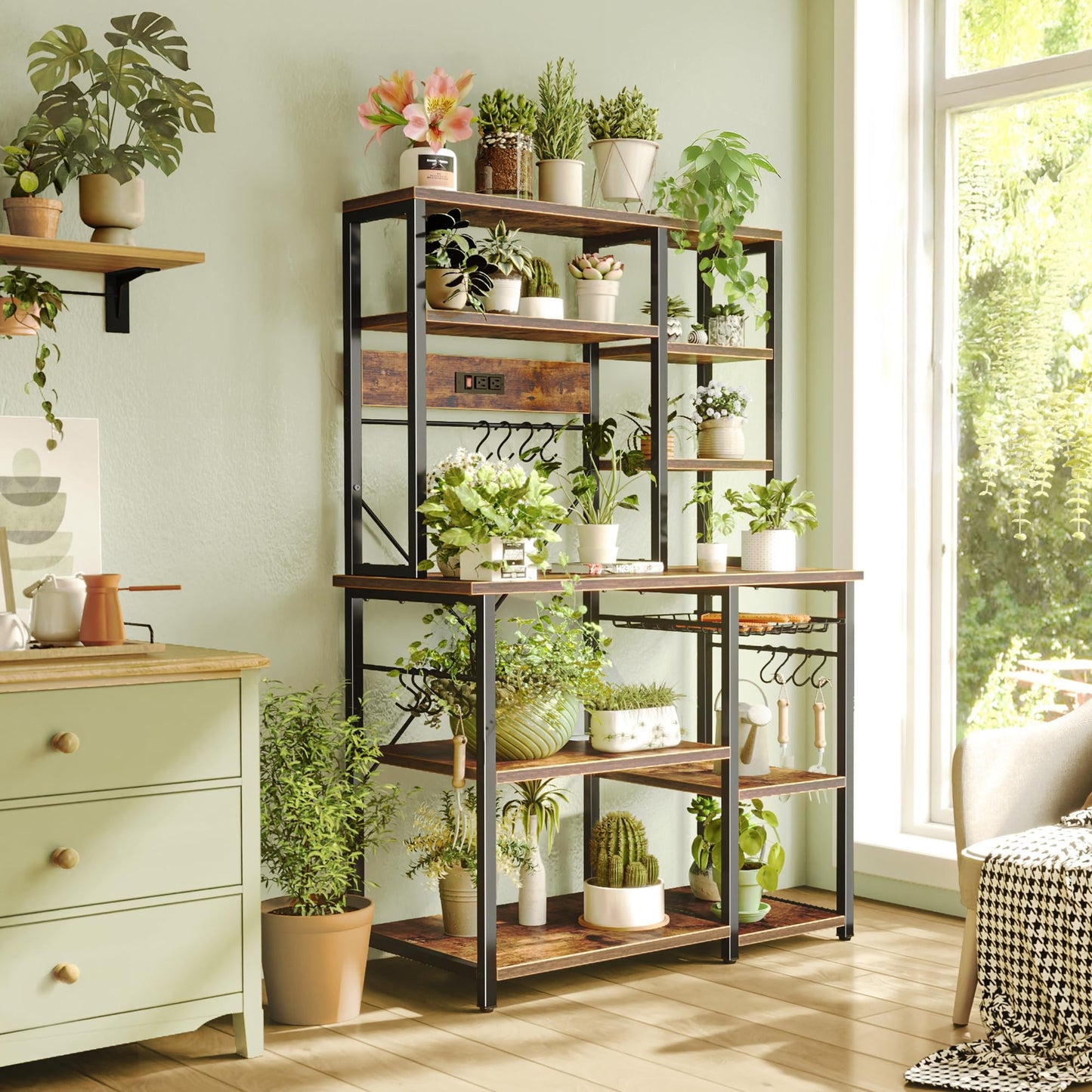 SUPERJARE Large Bakers Rack with Power Outlets, 6-Tier Microwave Stand, Coffee Bar with 12 S-Shaped Hooks, Kitchen Shelf with Wire Basket, 39.4 x 14.6 x 66.9 Inches, Rustic Brown