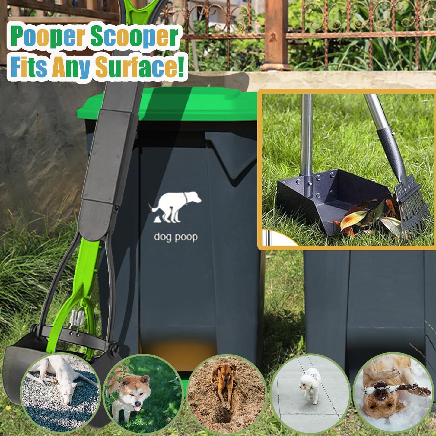 6Pack - Large Dog Pooper Scooper for yard - 20L Step Dog Poop Trash Can Outside - Pet Waste Container Outdoor with Removable Inner Bin - 28" Pooper Scooper & Long Handle Metal Tray&Rake & 50 Waste Bag