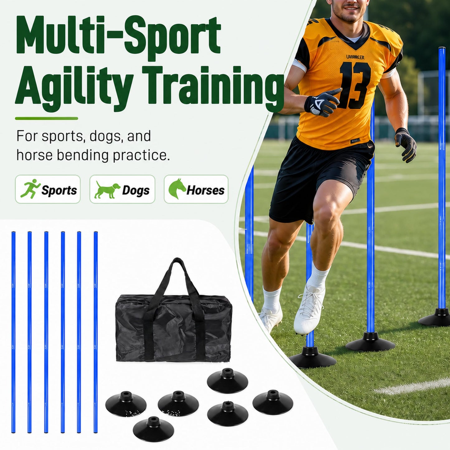 6 Pack Soccer Agility Training Poles, 5 FT Adjustable Speed and Agility Training Equipment for Football/Basketball/ Dog Practice, Bending Poles for Horses with Rubber Bases and Carry Bag (Blue)