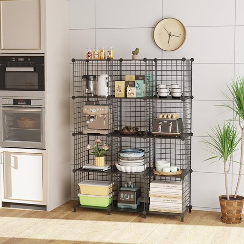 ATTDETJL 12-Cube Storage Organizer, Metal Wire Cube Shelving Unit, 11.8" L x 11.8" W x 11.8" H, Modular Grid Bookshelf for Closet, Bedroom, Office, Black ATTJL12B