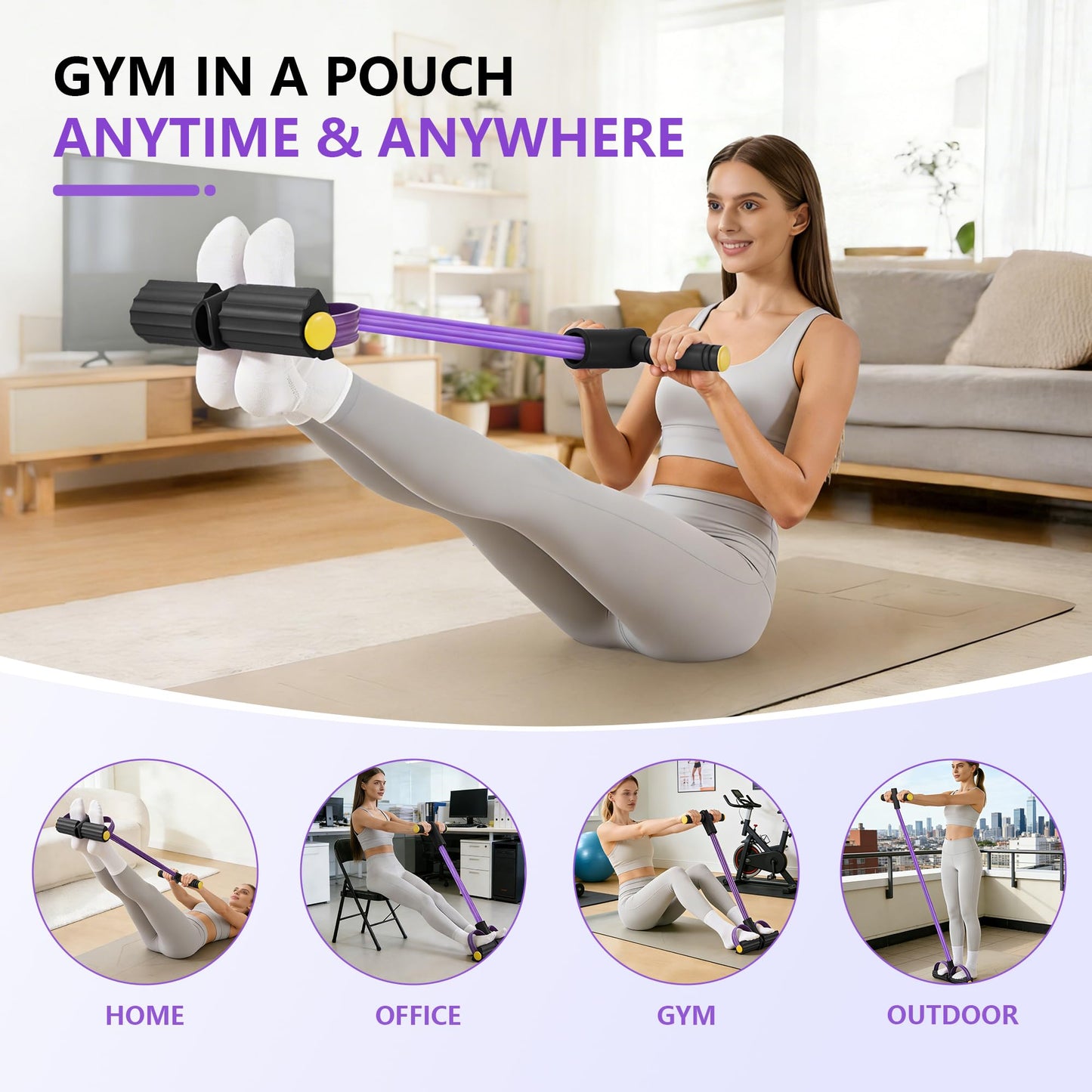 Upgraded Pedal Resistance Band with Handle, Soft Durable Fashion Puller Exercise with Thickened 6 Tension Ropes, Tube Pedal Resistance Device for Abdomen, Waist, Arm, Leg, Core/ABS (Black & Purple)