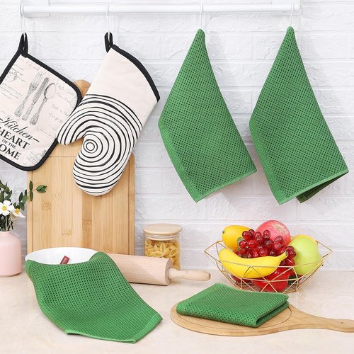 Homaxy Kitchen Dish Cloths - 100% Cotton Waffle Weave, Ultra Soft & Absorbent, 12x12 Inches, 6-Pack | Grass Green