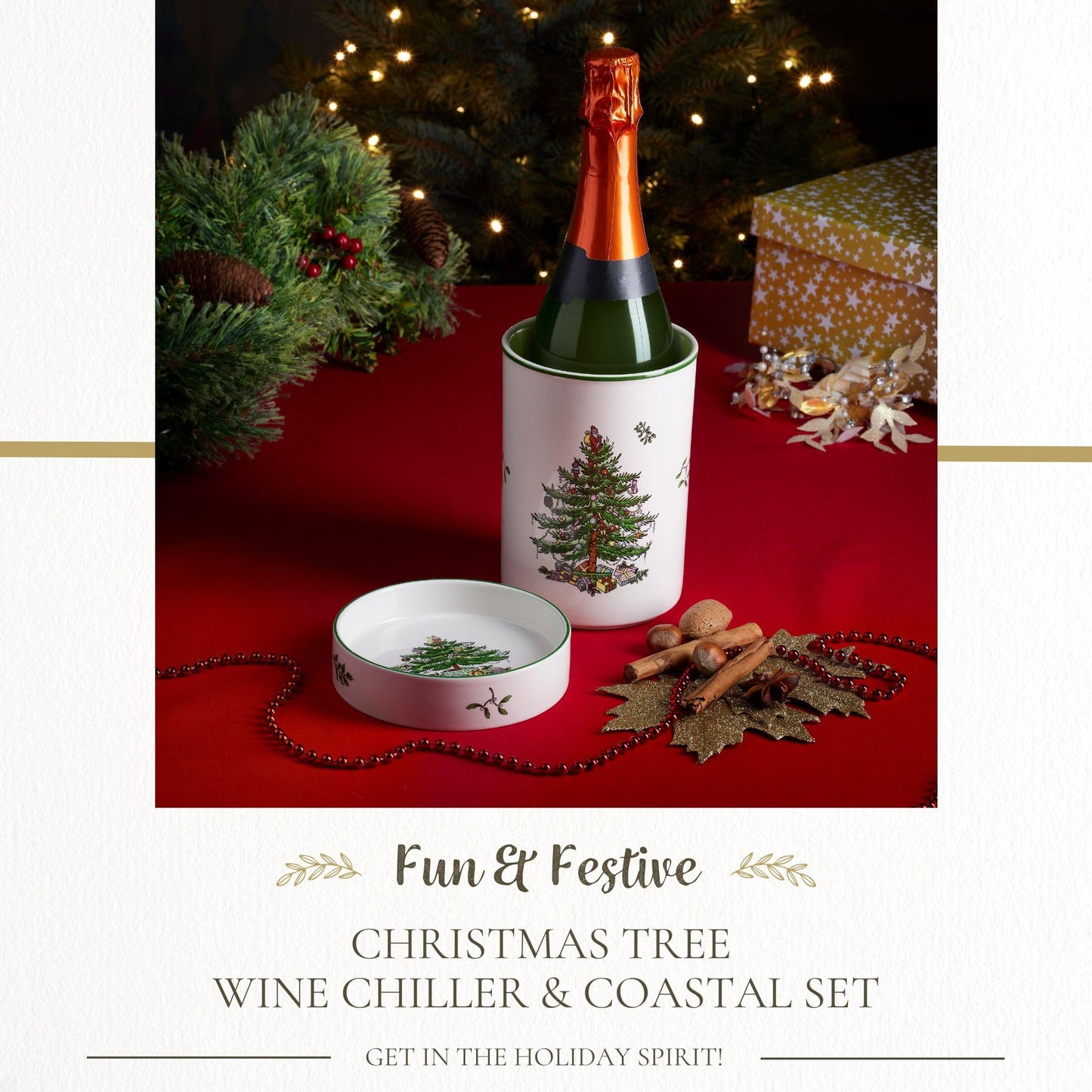 Spode Christmas Tree Wine Chiller & Coaster Set, Dishwasher, Microwave & Freezer Safe - Stoneware Wine Cooler with Festive Coaster - Hostess Gift for Holiday Entertaining