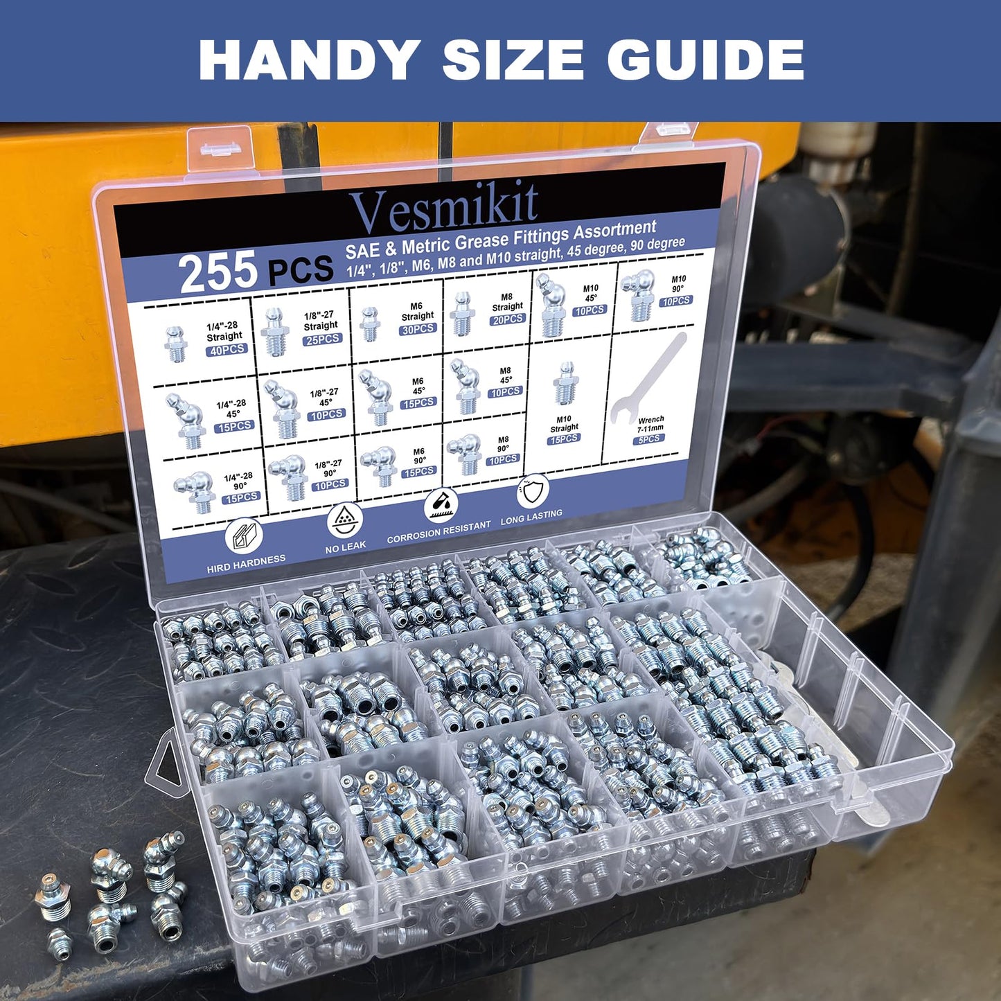 255PCS Grease Fittings Assortment,SAE & Metric Grease Zerk Fittings 1/4" 1/8" M6 M8 M10 straight 45 90 degree with Wrench Kit(7-11mm) for Grease Gun,Fit Tractor Vehicle Excavator Trailer Equipment
