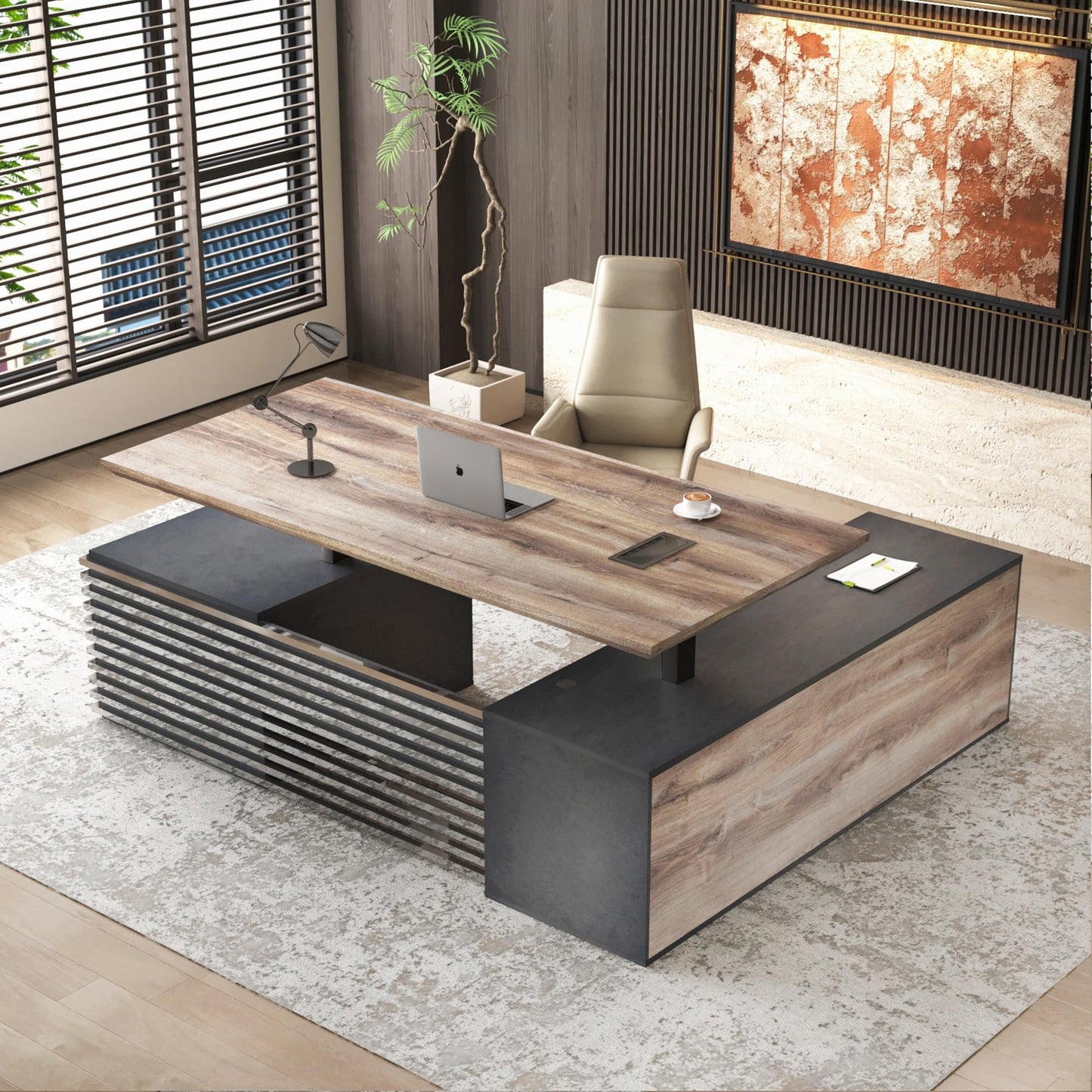 SAINTCY 70.87In L Shaped Executive Standing Desk with Drawers, Large Modern Adjustable Heigh Home Office Desk w/File Cabinet, AC/USB, Business Workstation, Black and Warm Oak