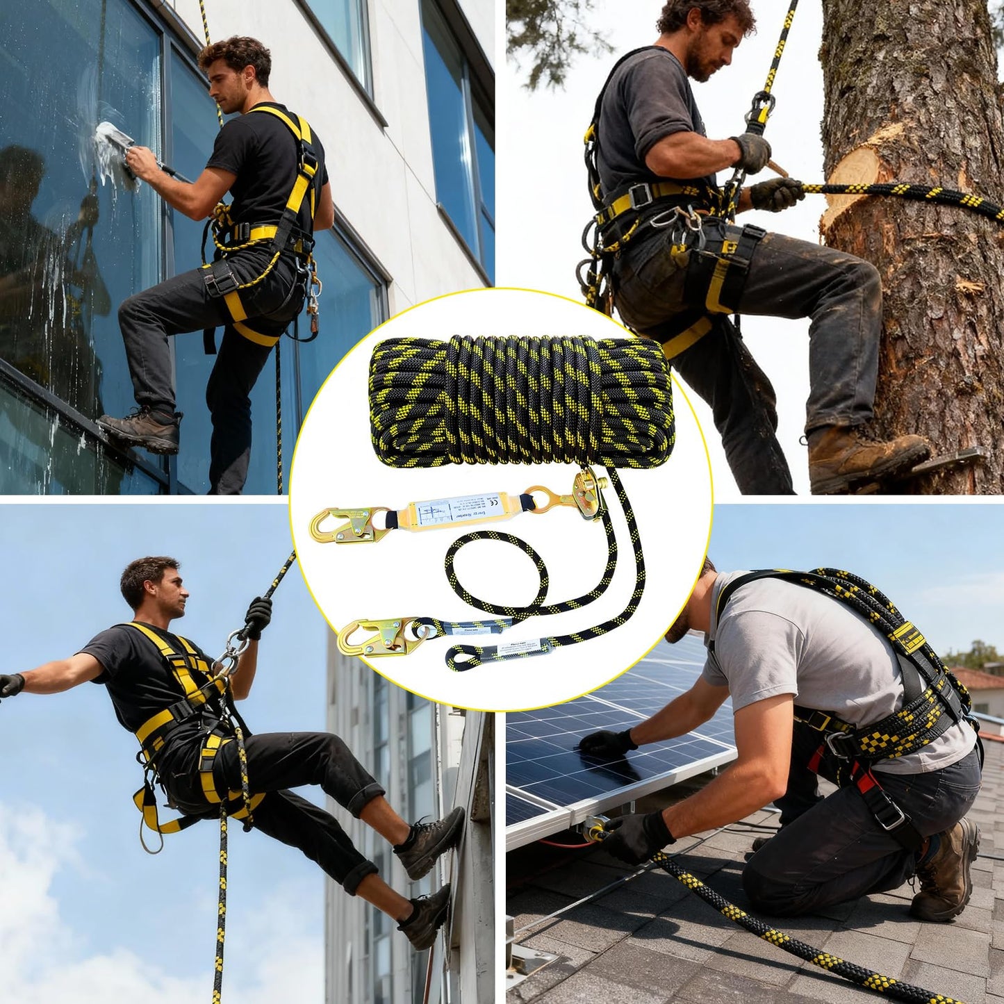 Meyoppm 100FT Vertical Lifeline Assembly, Heavy Duty Fall Protection Safety Rope with Rope Grab, Steel Snap Hooks & Shock Absorber, Tree Climbing High-Altitude Safety Line Kit, ANSI CE