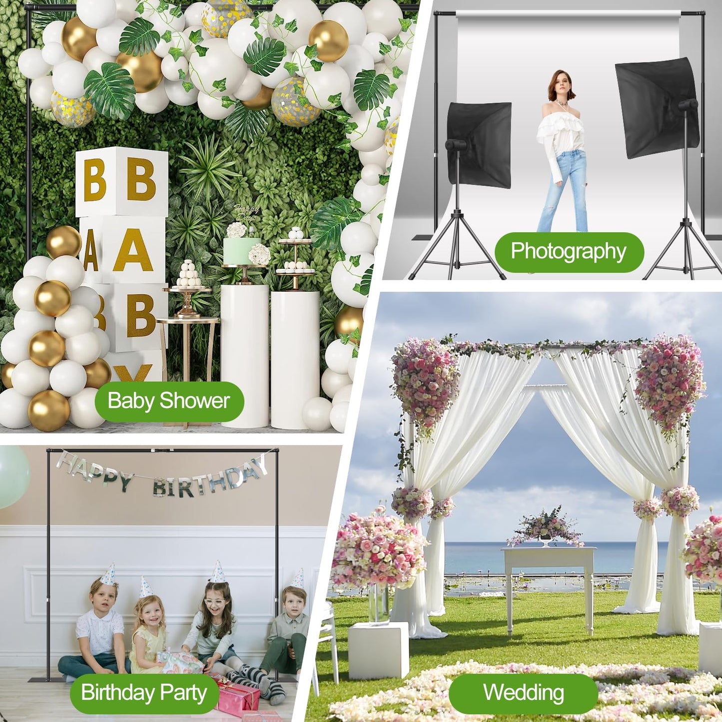 FUDESY Backdrop Stand Heavy Duty, 10x10ft Adjustable Photo Background Pipe and Drape Backdrop Stand Kit with Metal Base for Photography Parties Birthday Video Studio