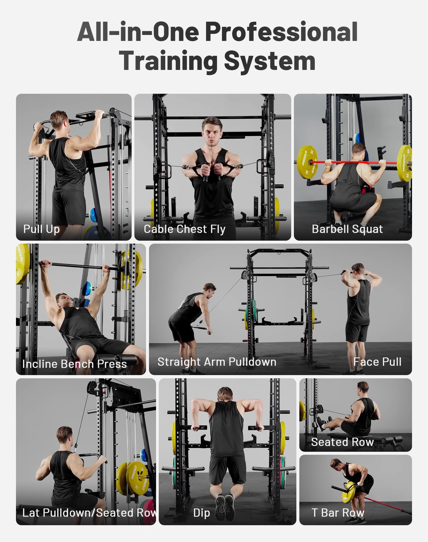Mikolo Smith Machine, 2200lbs Squat Rack with LAT-Pull Down System & Cable Crossover Machine, Power Rack and Packages