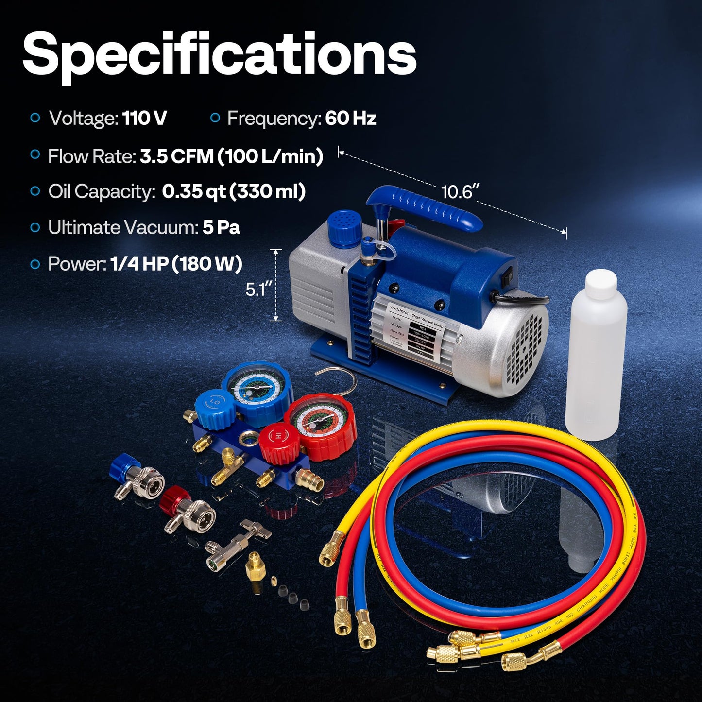 VIVOHOME 110V 1/4 HP 3.5 CFM Single Stage Rotary Vane Air Vacuum Pump and R134a AC Manifold Gauge Set Kit for HVAC Air Conditioning Refrigeration Recharging, Blue