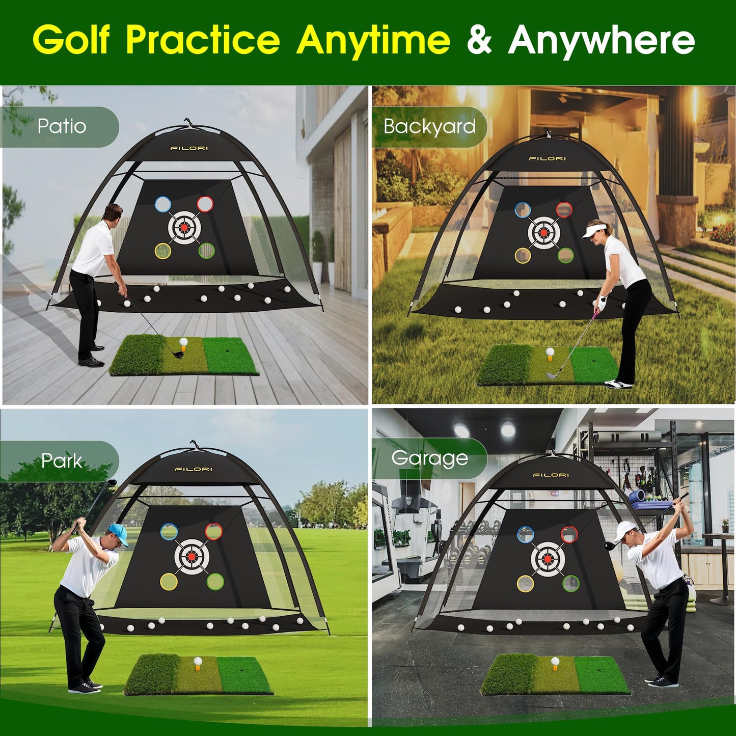 FILORI Golf Practice Net 10x7FT - Golf Hitting Net with Tri-Turf Mat, 8 Balls, Tee & Carry Bag, Indoor/Outdoor Backyard Training for Driving Chipping Swing, Ideal Gifts