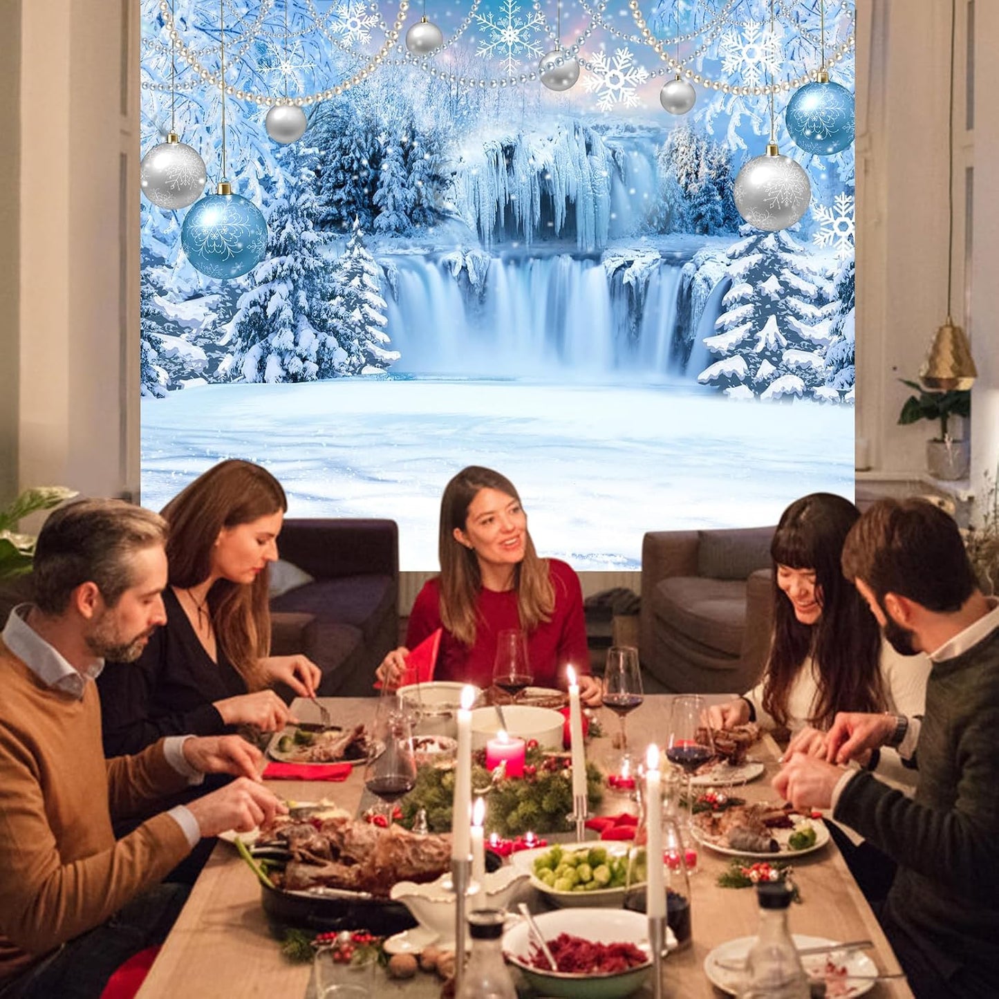 DUAIAI Frozen Winter Christmas Backdrop, Birthday Party Decorations Crystal Pendant Ice and Snow White World Wonderland
