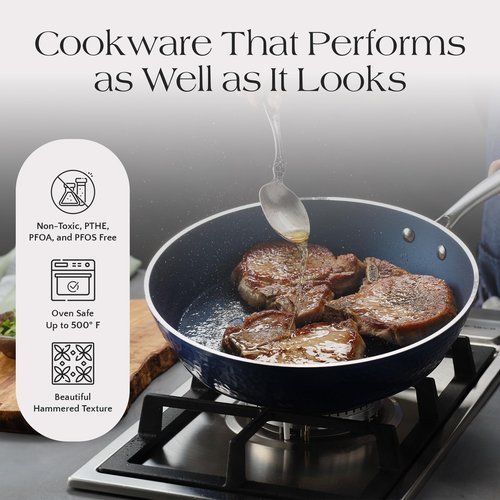 Luxurious Non-Stick Ceramic 3 Piece Blue Hammered Cookware Set, Lightweight, Scratch-Resistant, Dishwasher Safe, Oven Safe up to 500°F, Suitable for All Stove Types