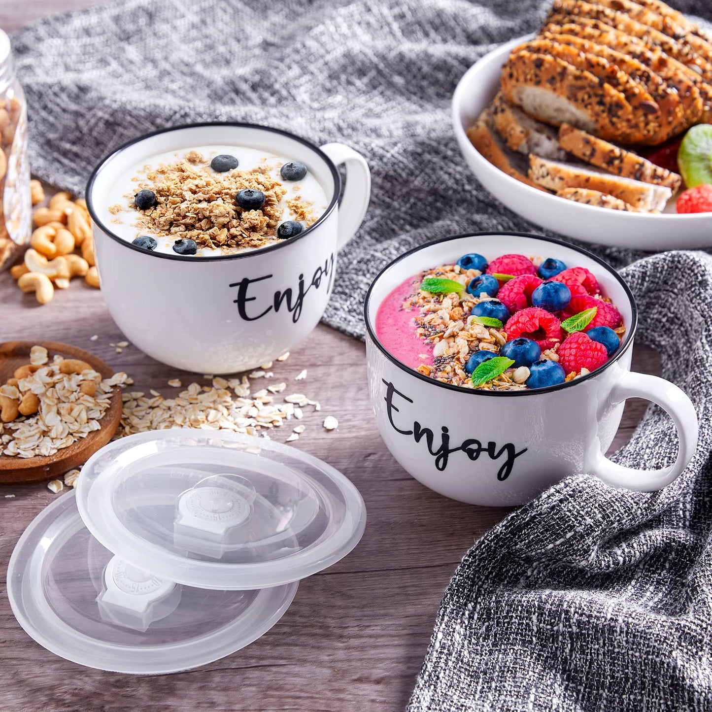 DAYYET Soup Mugs with Handles and Vented Lids, 26 oz Microwavable Soup Bowls, Ceramic Mugs Set for Overnight Oats, Cereal, Noodles, Ramen, Pasta, Salad, Oversized Coffee Mugs, Set of 2, White