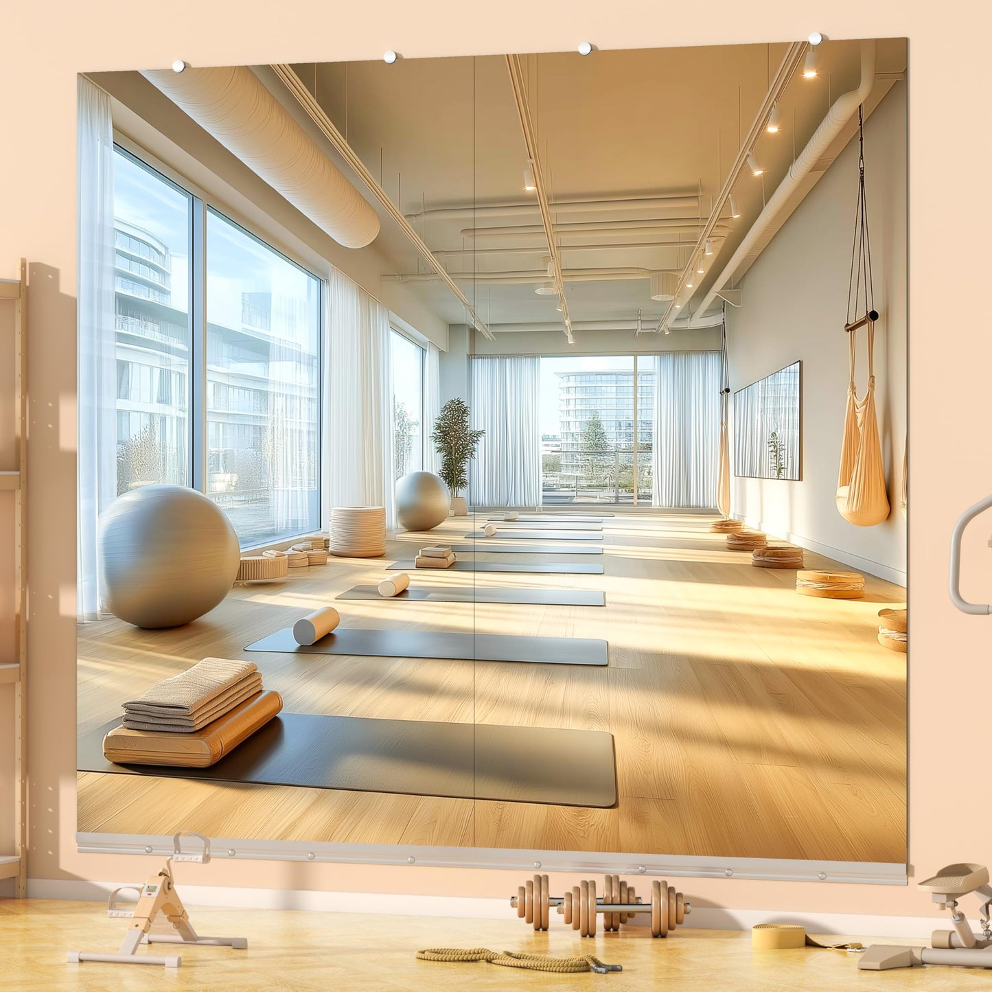 Hasipu Home Gym Mirror, 72"x36" Each, 1-Pack Frameless Wall Mounted Mirrors with Glass Clamps & 1 Aluminum Rail, Large Body Mirror for Home Gym, Yoga Studio, Bedroom, Silver Tempered Glass