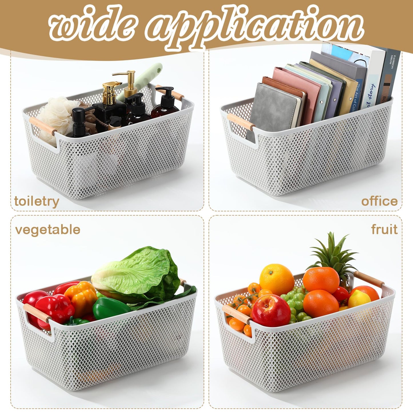 Ziliny 4 Pcs Plastic Mesh Baskets with Handles - Mesh Storage Hanging Organizer Bin Container Baskets for Home Organizing Pantry Closet Cabinet Kitchen Fridge Fruit Snacks Gifts, Grey(Large)