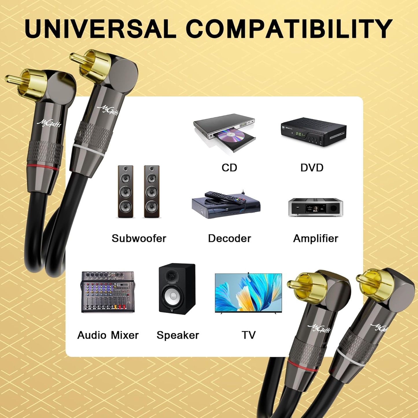Mygatti 20 90 2RCA 2RCA 2 Right Angle RCA Cable FT, Degree to Stereo Audio Cable, Zinc Alloy Shell, Gold-Plated Plug